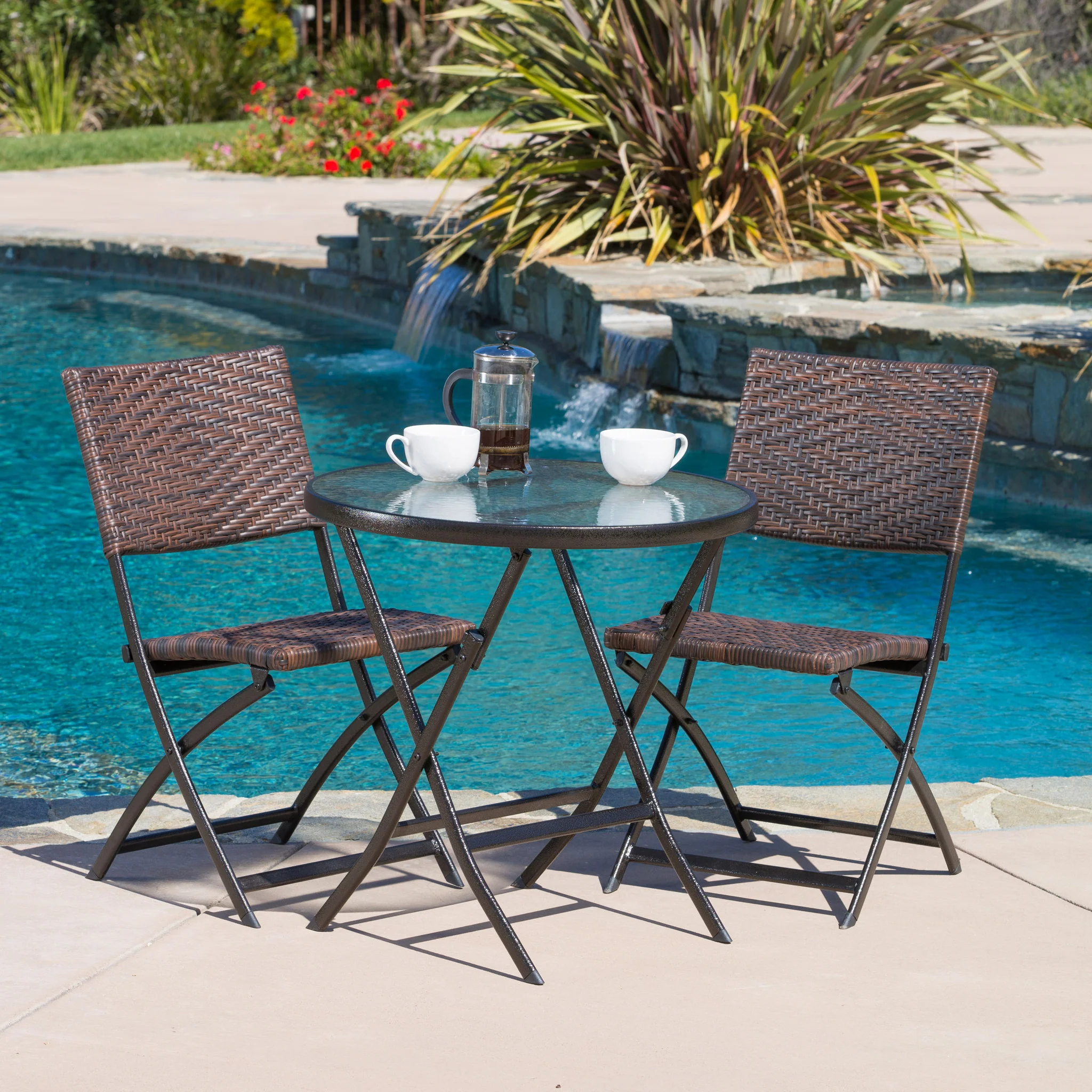 Cantinela 3pc Outdoor Wicker Folding Bistro Set - furnishings