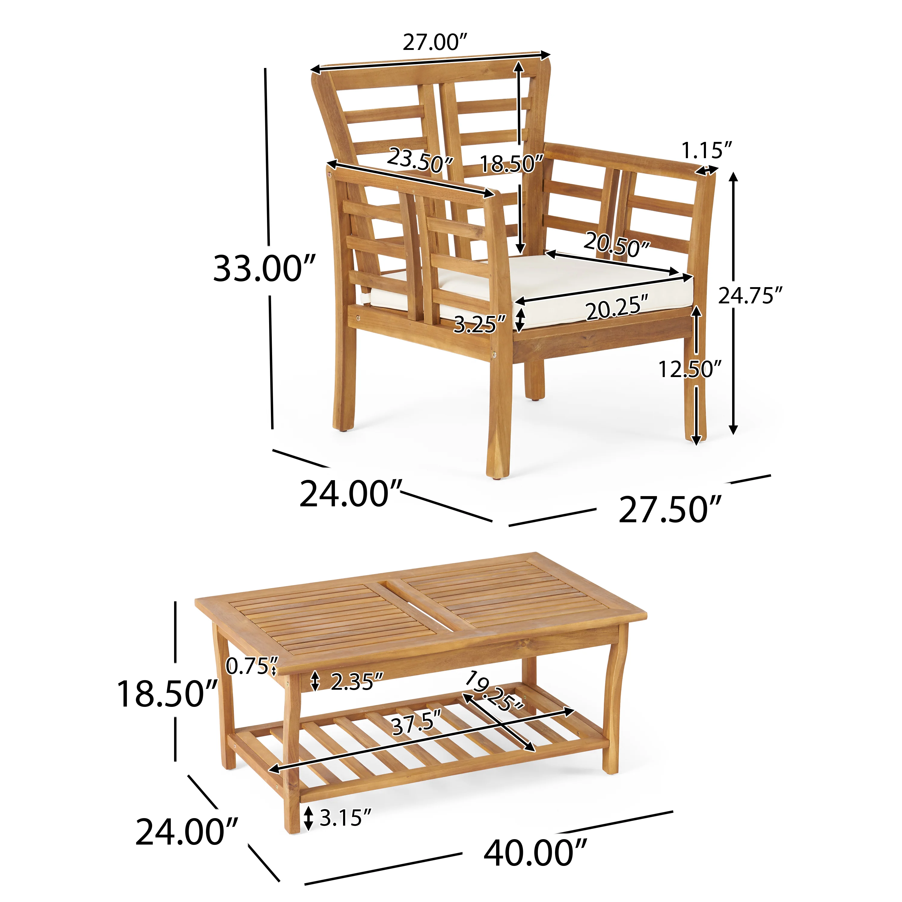 Laurier Outdoor Acacia Wood Club Chair and Coffee Table Set with Cushions - furnishings