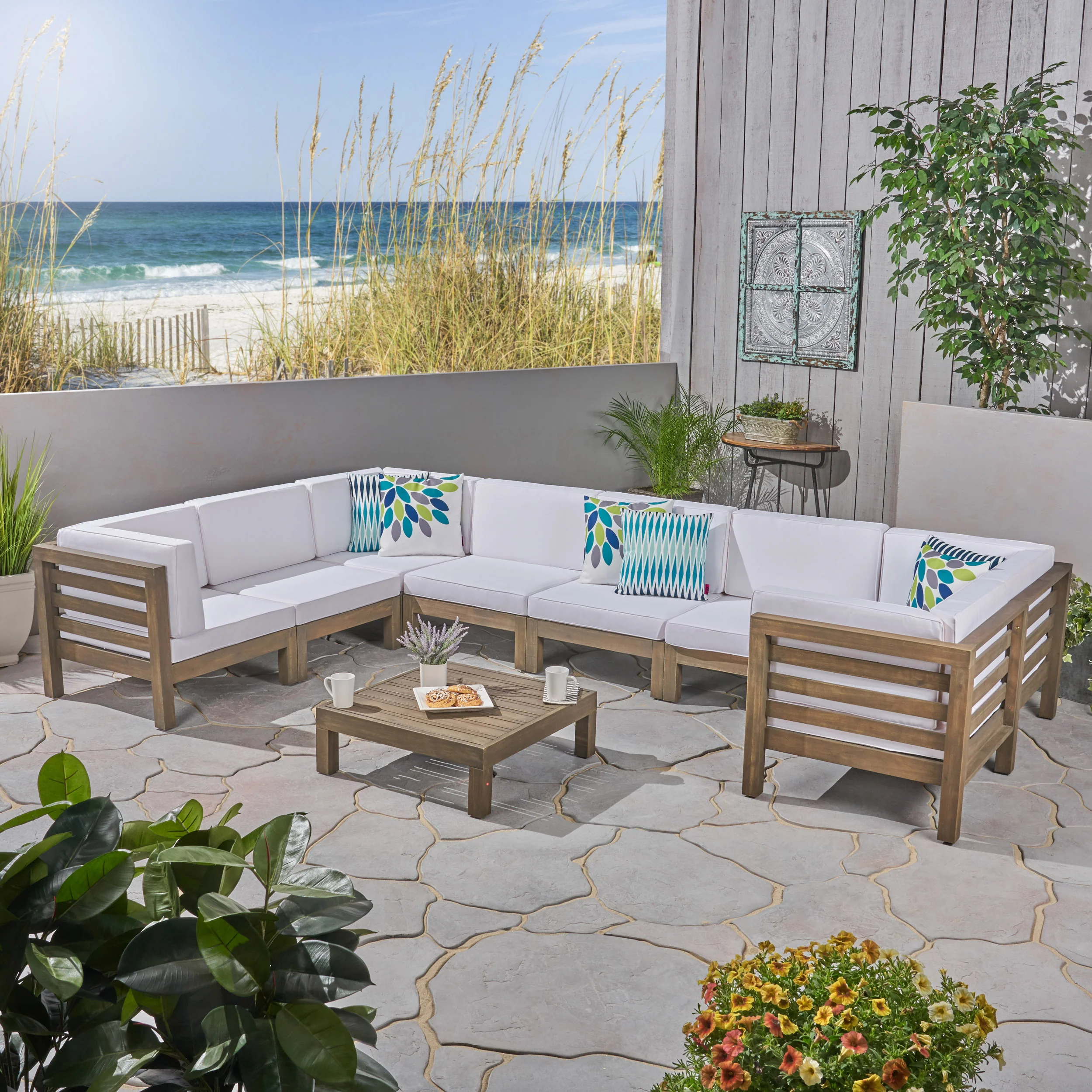 Dawson Outdoor U-Shaped Sectional Sofa Set with Coffee Table - 9-Piece 8-Seater - Acacia Wood - Outdoor Cushions - furnishings
