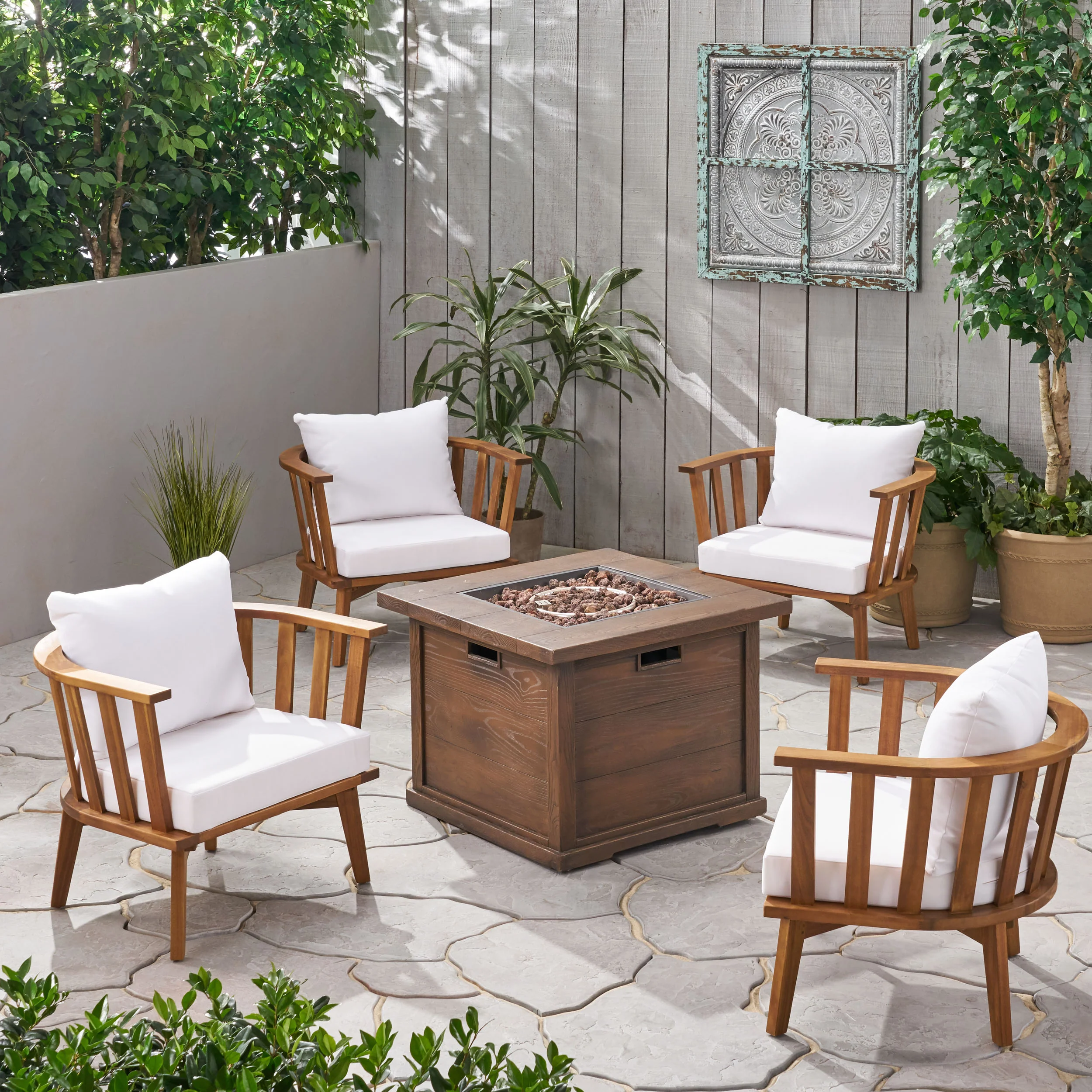 Natasha Outdoor Acacia Wood 4 Seater Club Chairs and Fire Pit Set - furnishings