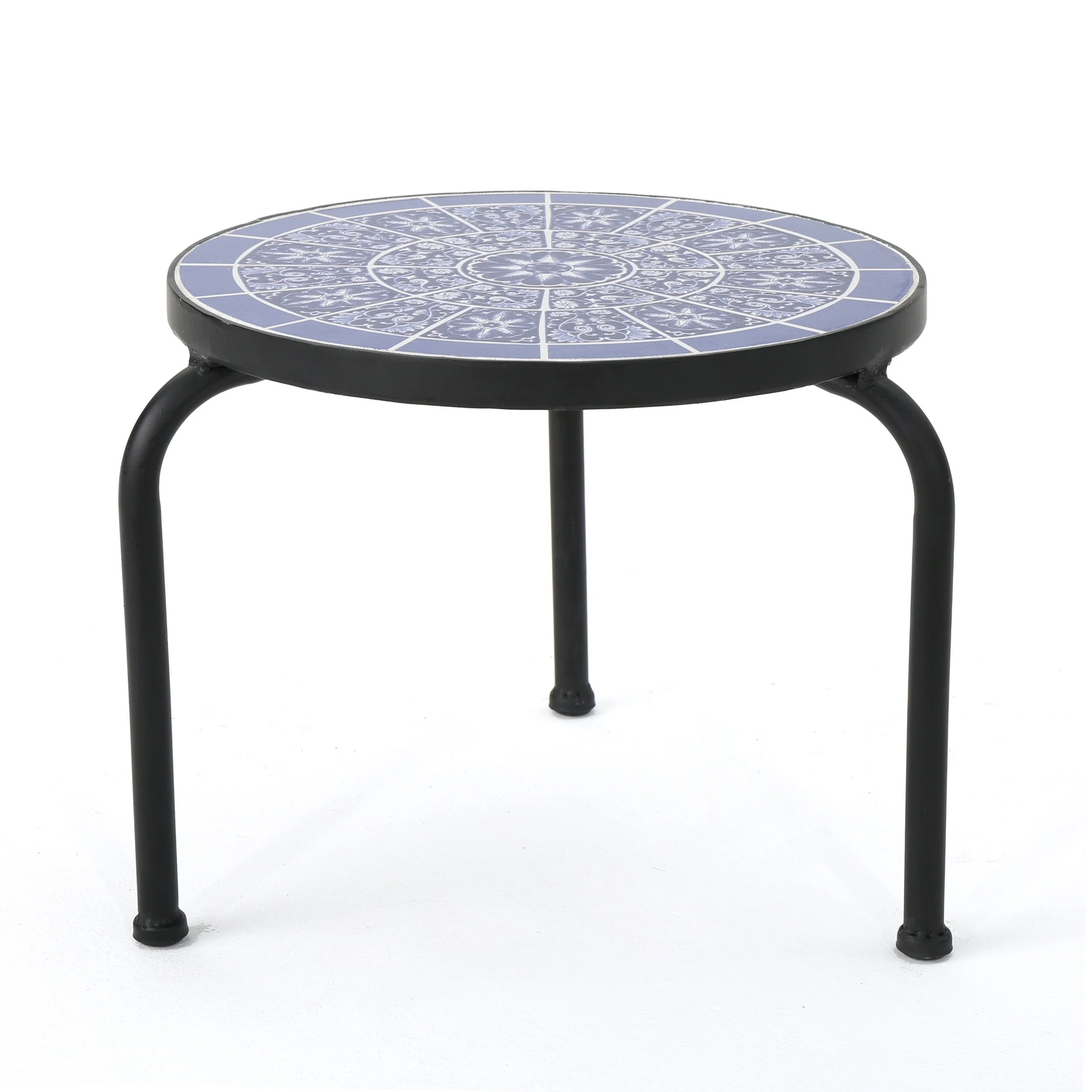 Soleil Outdoor Blue & White Ceramic Tile Iron Frame Side Table - furnishings