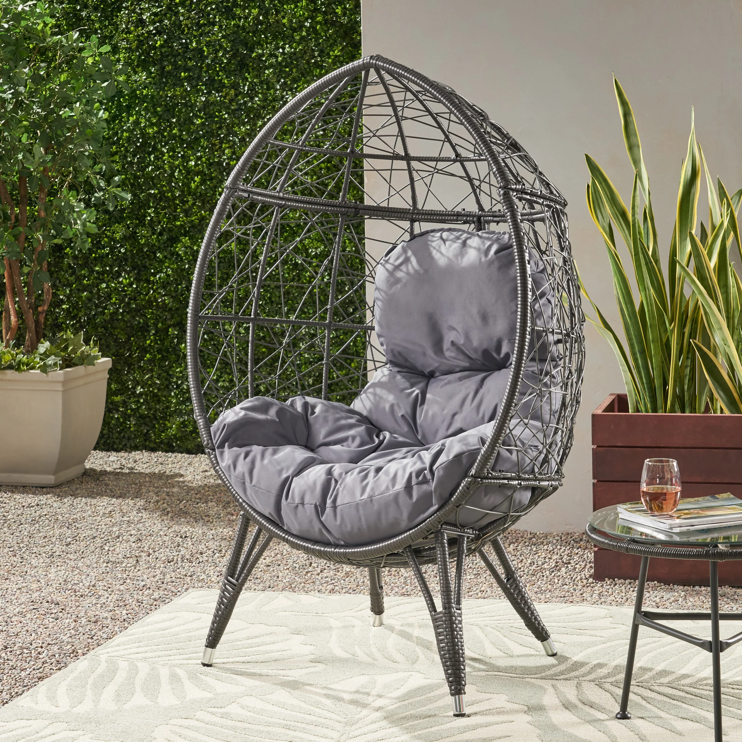 Maylee Outdoor Gray Wicker Freestanding Teardrop / Egg Chair - furnishings