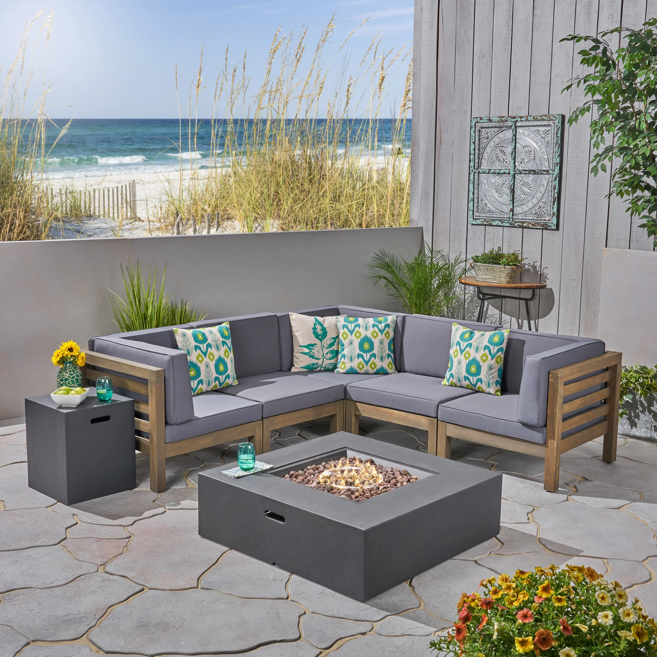 Ravello Outdoor V-Shaped Sectional Sofa Set with Fire Pit - furnishings