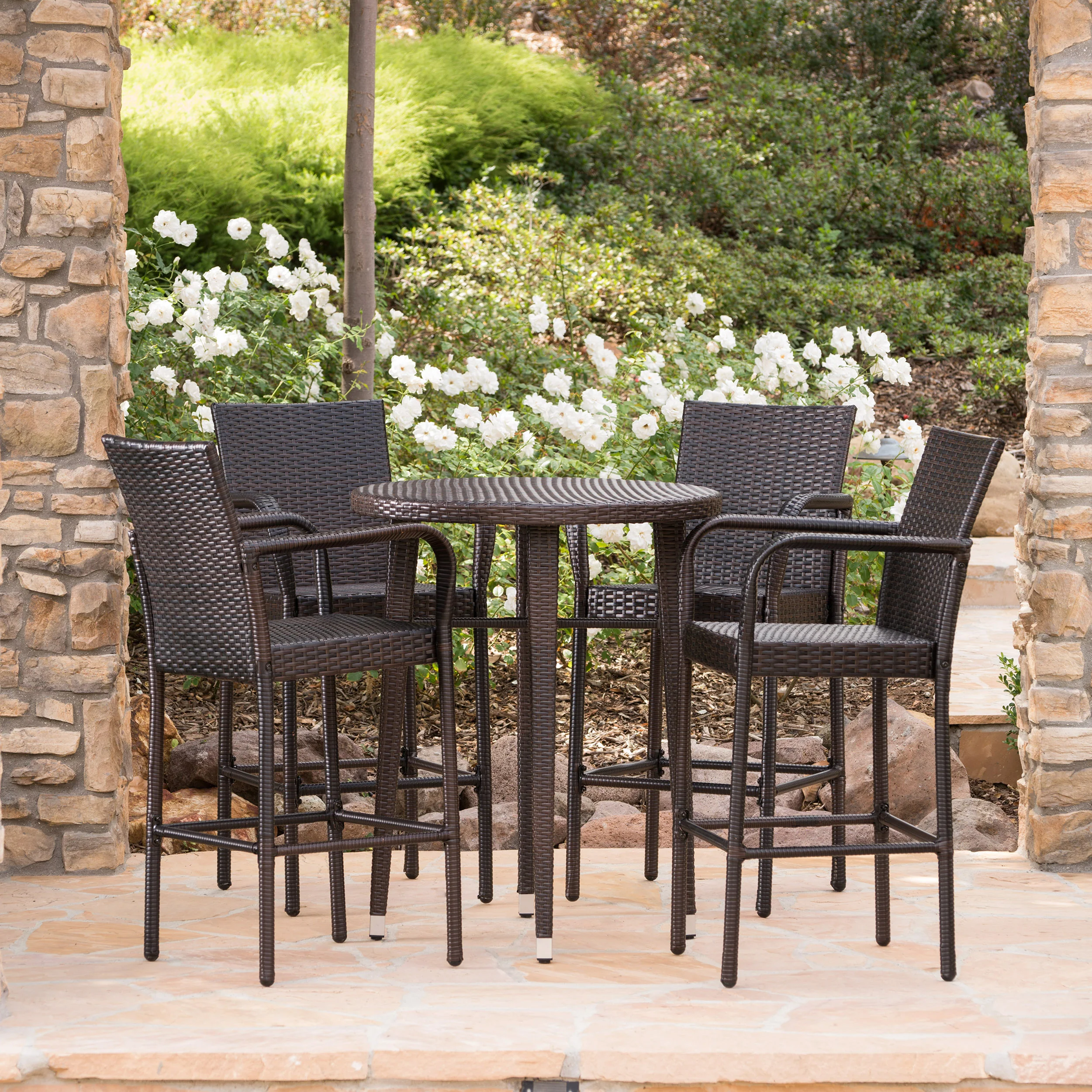 Patricia Outdoor 5 Piece Multi-brown Wicker Round Bar Table Set - furnishings