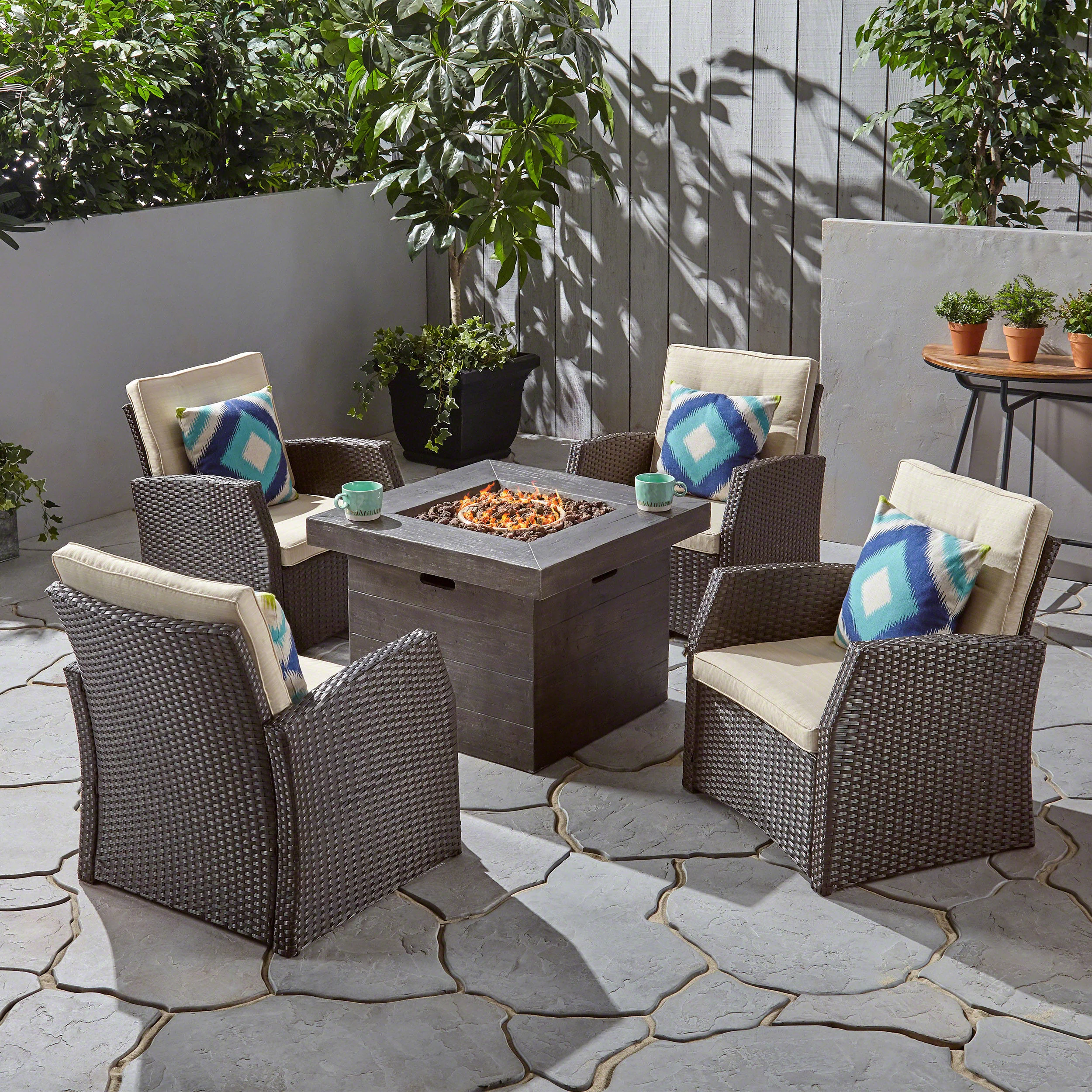 Ana Outdoor 4 Seater Wicker Chat Set with Fire Pit - furnishings