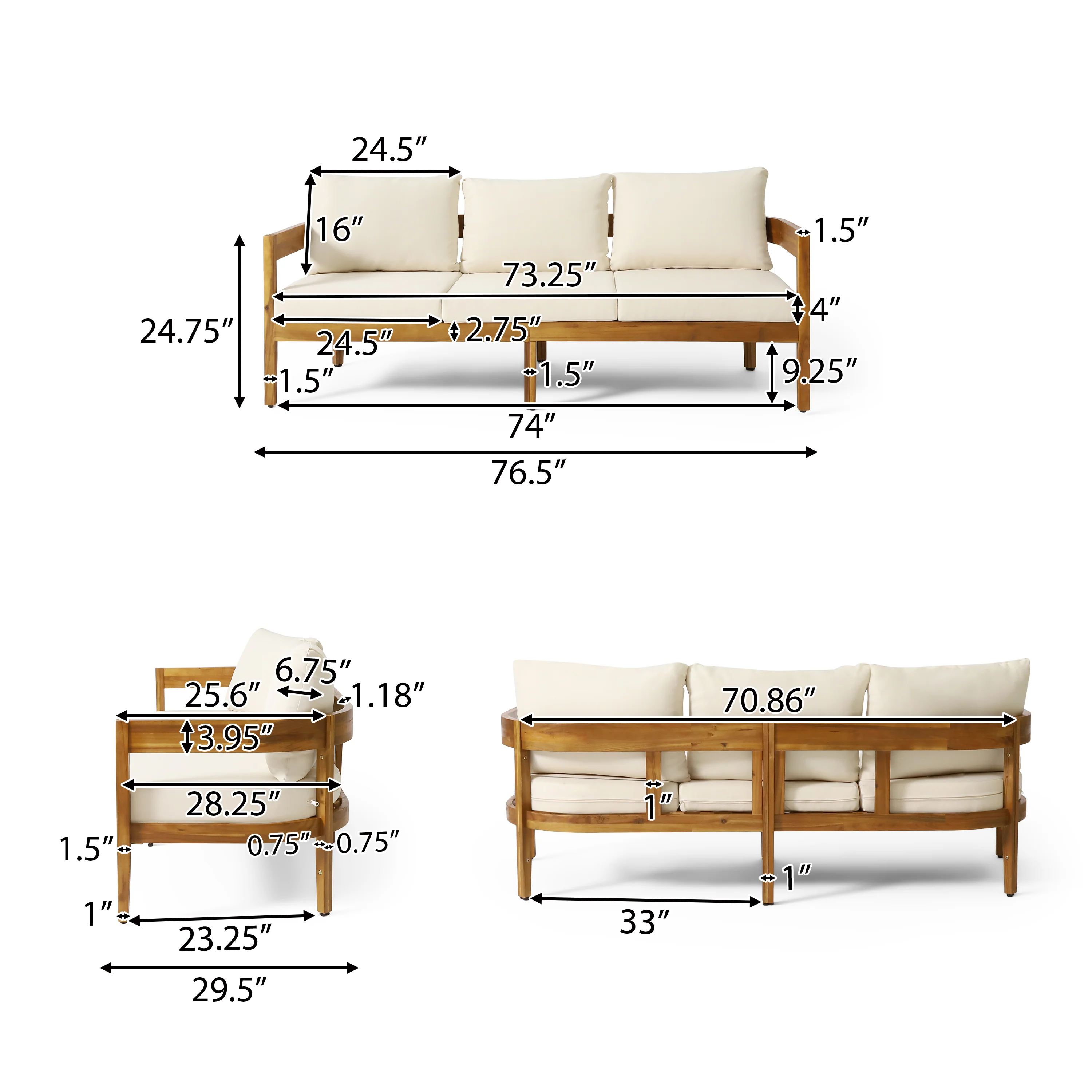 Brooklyn Outdoor Acacia Wood 3 Seater Sofa with Cushions, Teak and Beige - furnishings