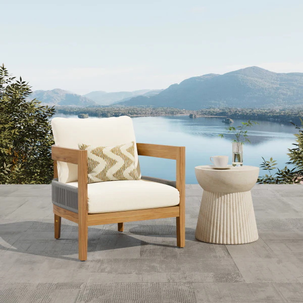 Rowane Teak Rope Weave Acacia Wood Outdoor Club Chairs with Beige Cushions - furnishings