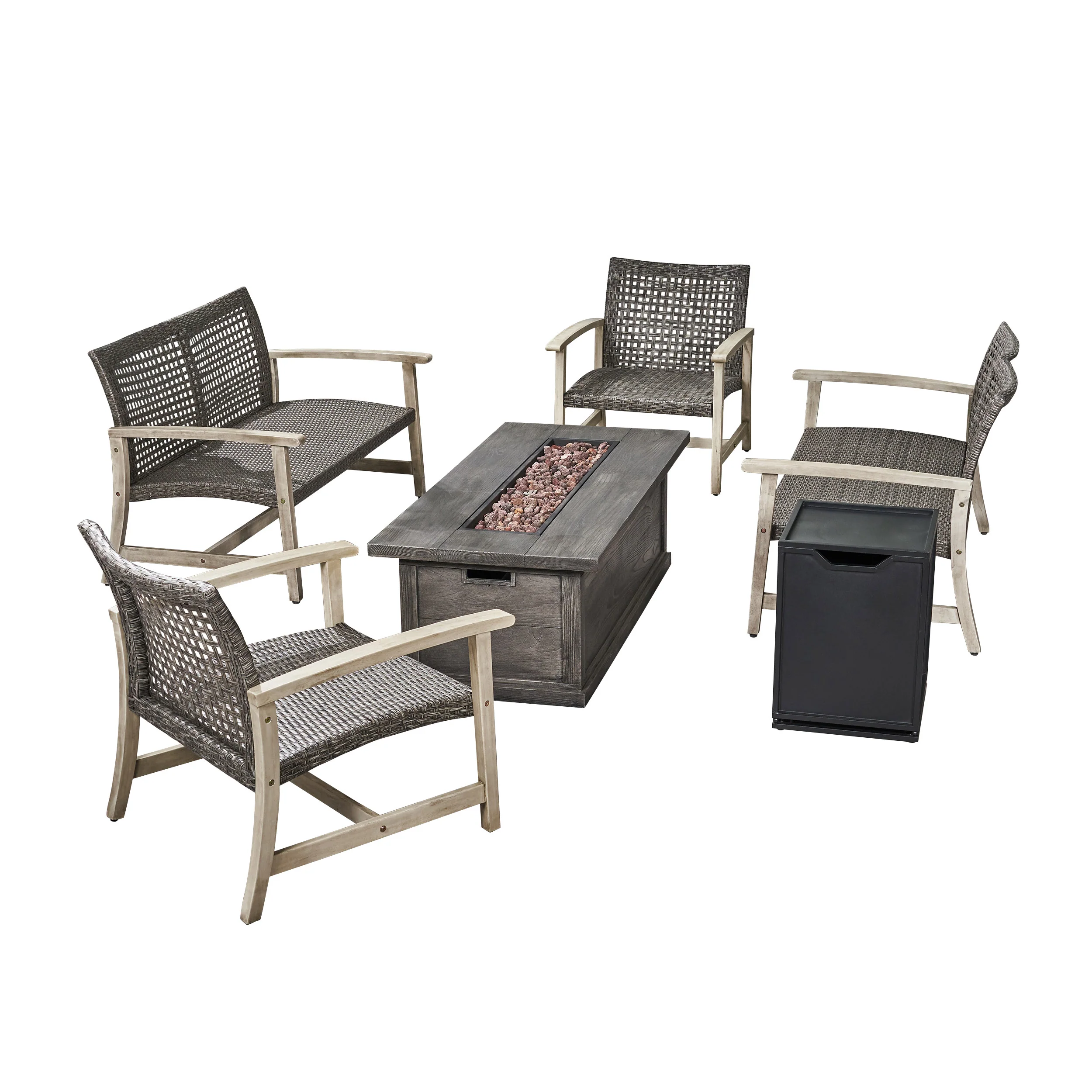 Rachel Outdoor 6 Piece Wood and Wicker Chat Set with Fire Pit - furnishings