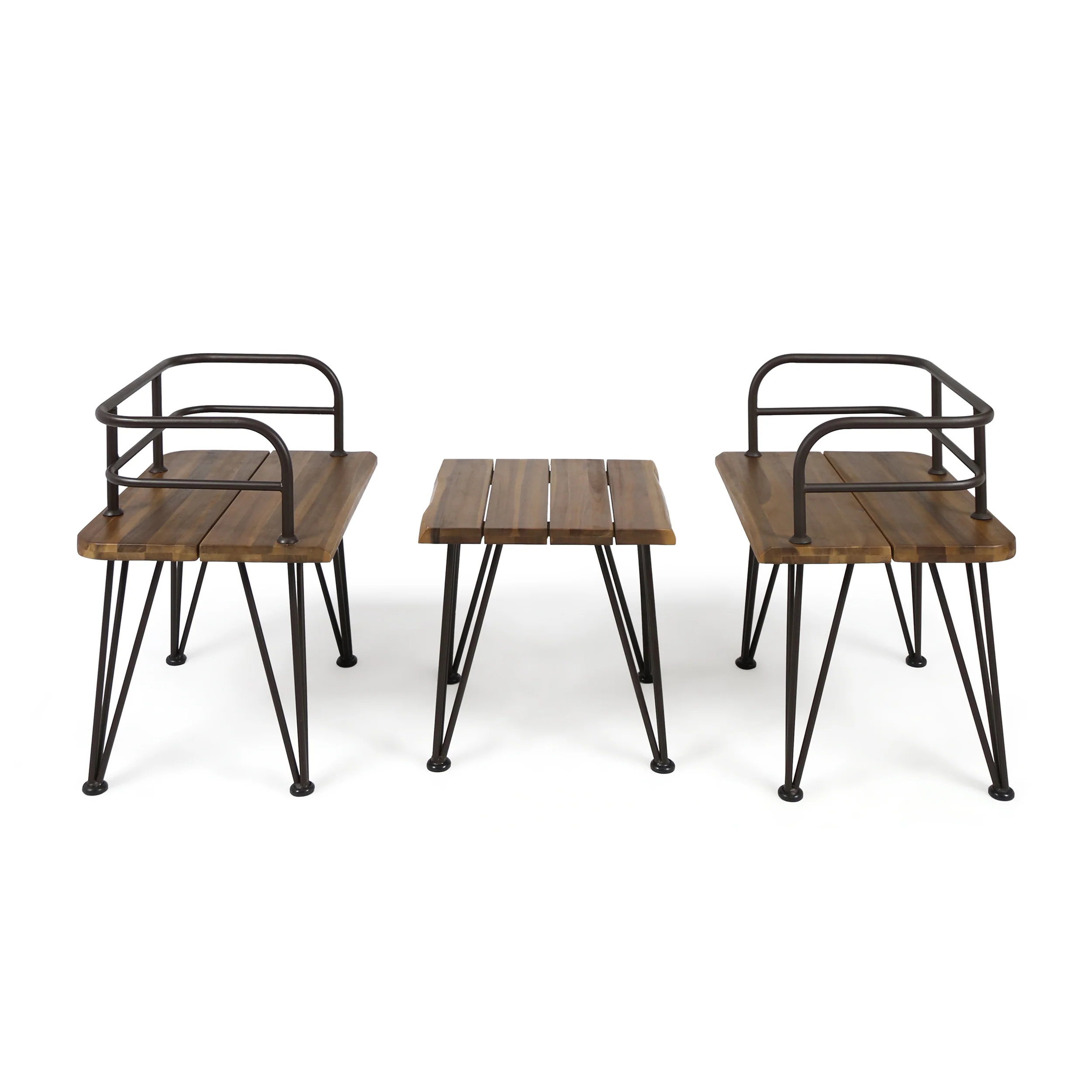 Avy Outdoor Rustic Industrial Acacia Wood End Table Chat with Metal Hairpin Legs, Teak - furnishings