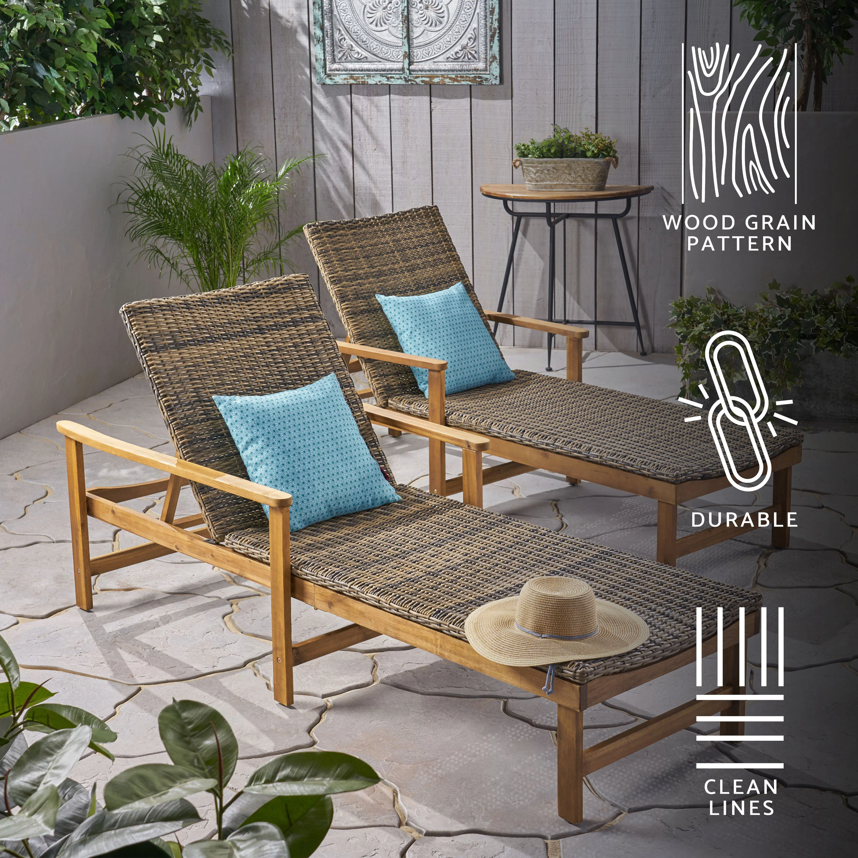 Kyle Outdoor Rustic Acacia Wood Chaise Lounge with Wicker Seating - furnishings
