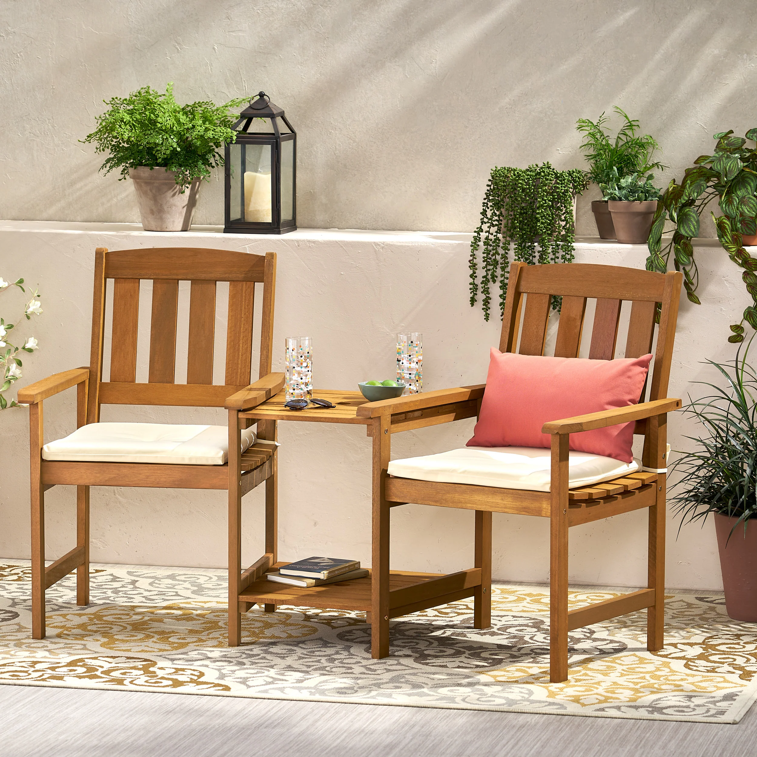 Las Brisas Outdoor Wood Adjoining 2-Seater Chairs with Cushions - furnishings