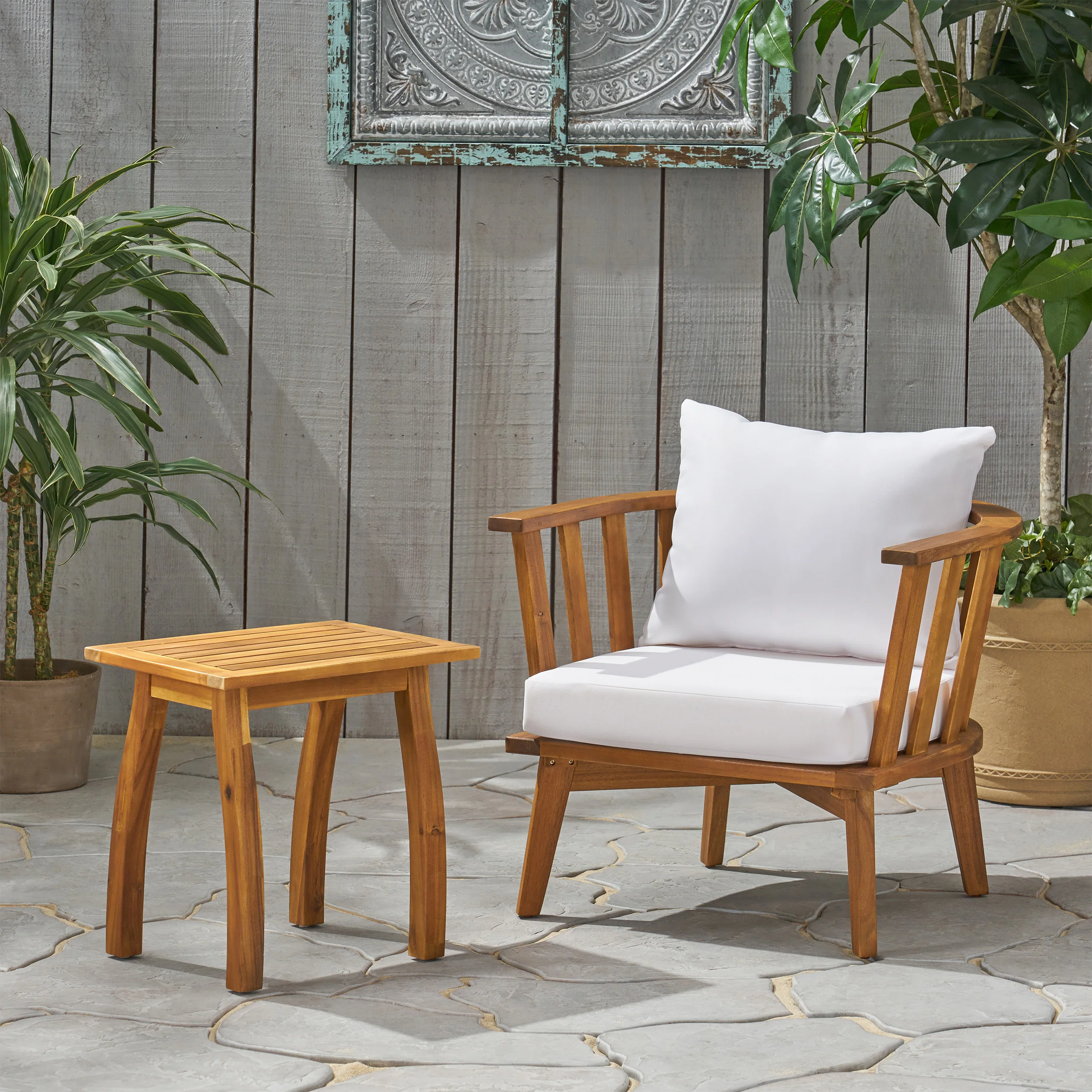 Simona Outdoor Acacia Wood Club Chair and Side Table Set - furnishings