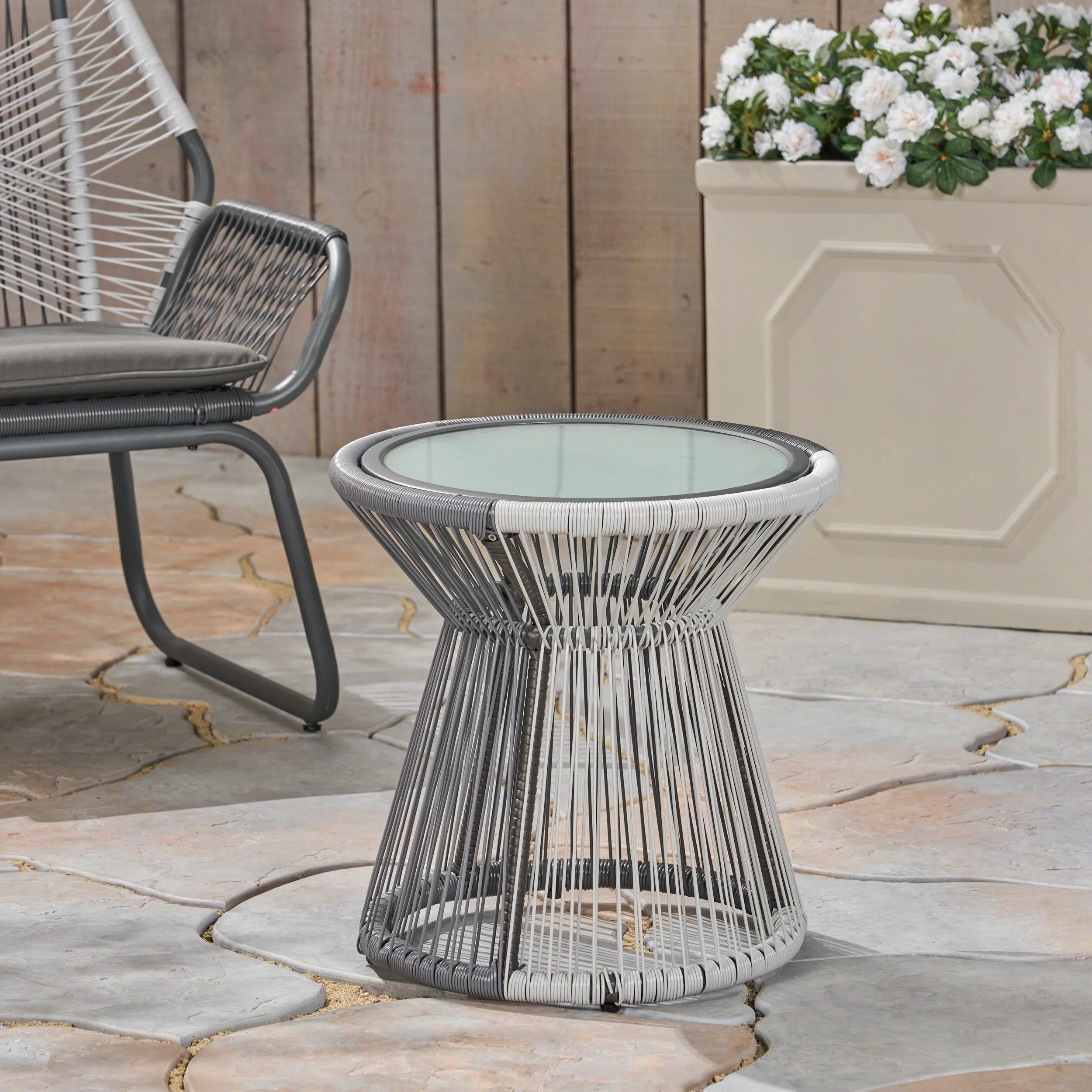 Aiden Outdoor Faux Rattan Side Table with Glass Top - furnishings