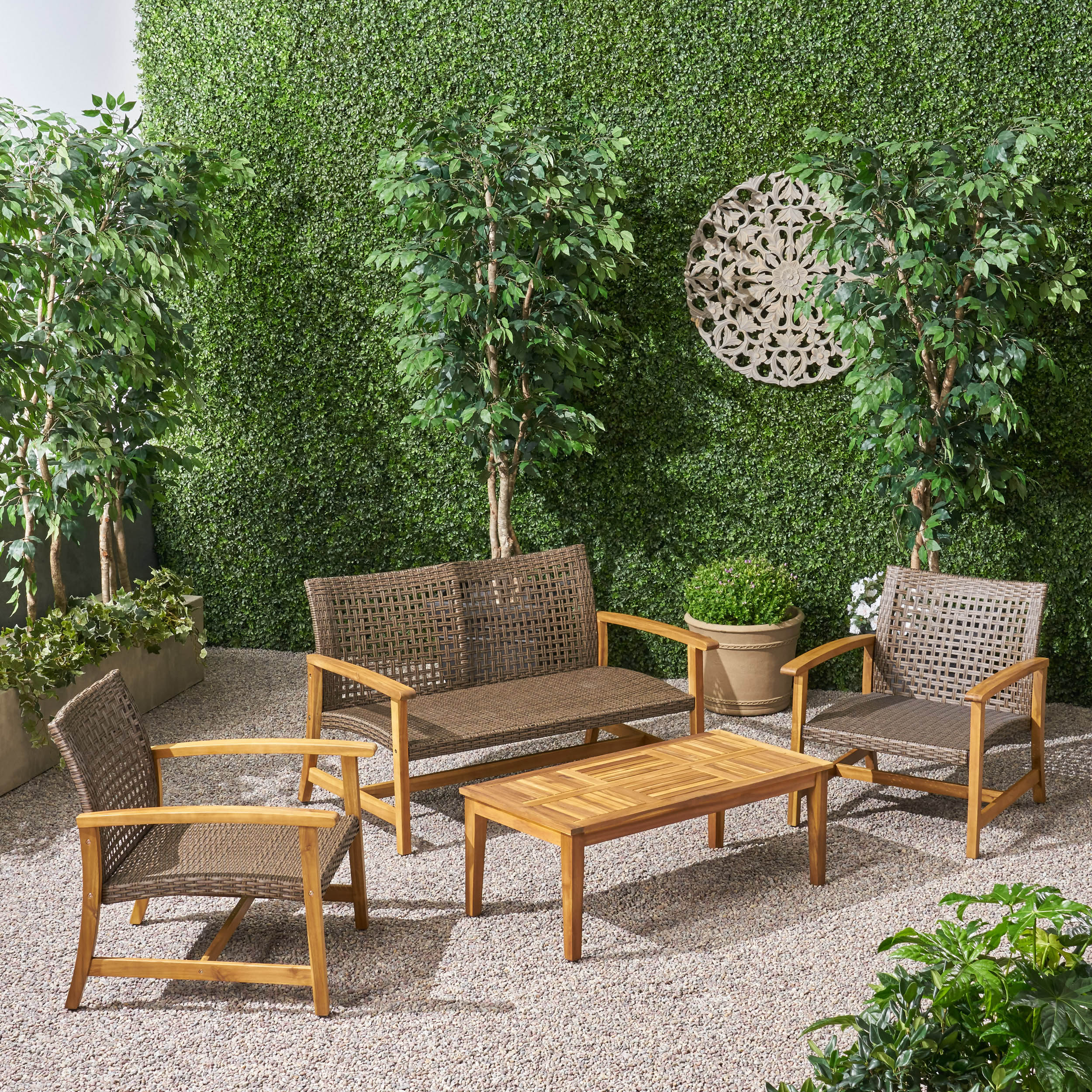Spring Spender Outdoor 4 Piece Wood and Wicker Chat Set - furnishings