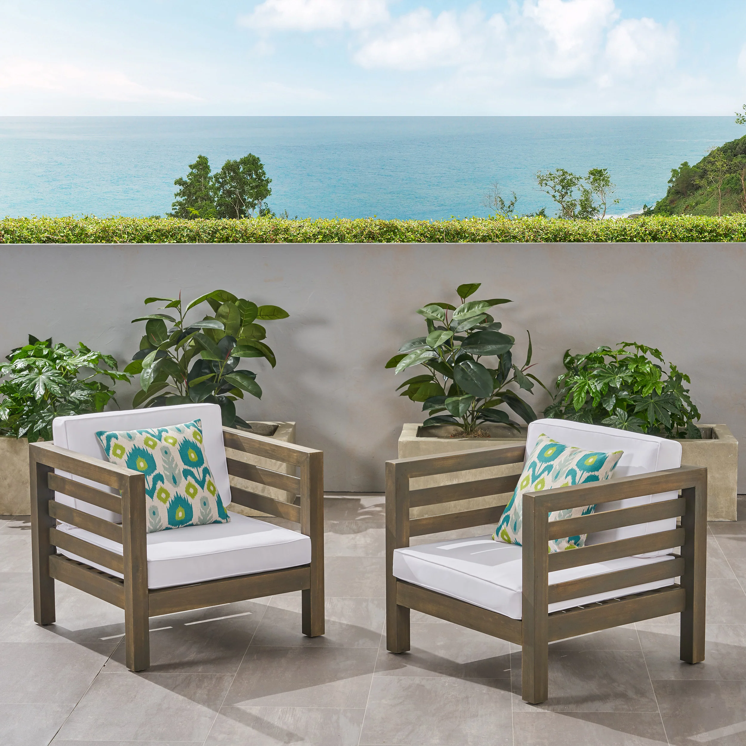 Louise Outdoor Acacia Wood Club Chairs with Cushions (Set of 2) - furnishings