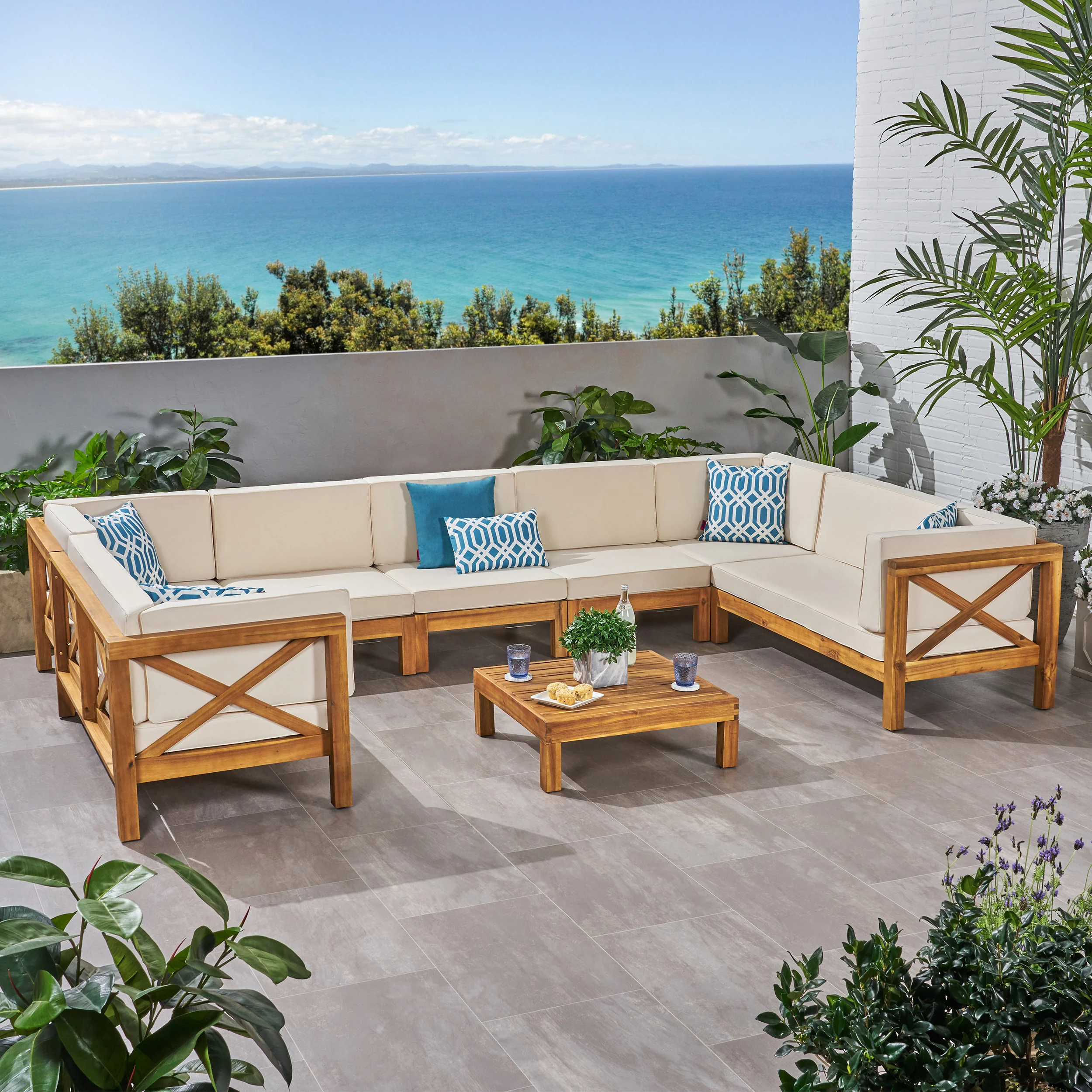 Isabella Outdoor 9 Seater Acacia Wood Sectional Sofa Set - furnishings