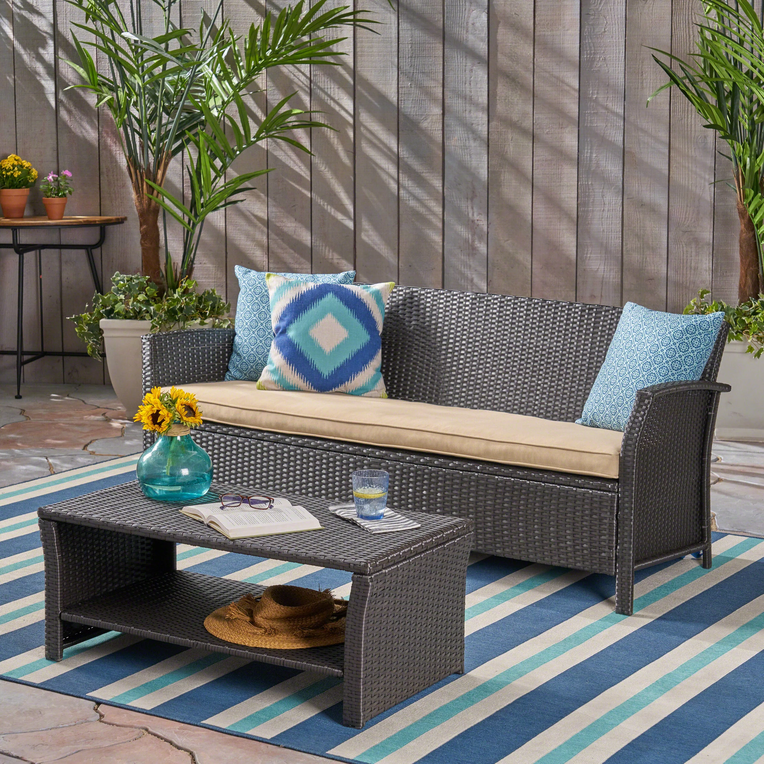 Laiah Outdoor Wicker 3-Seater Sofa with Coffee Table - furnishings