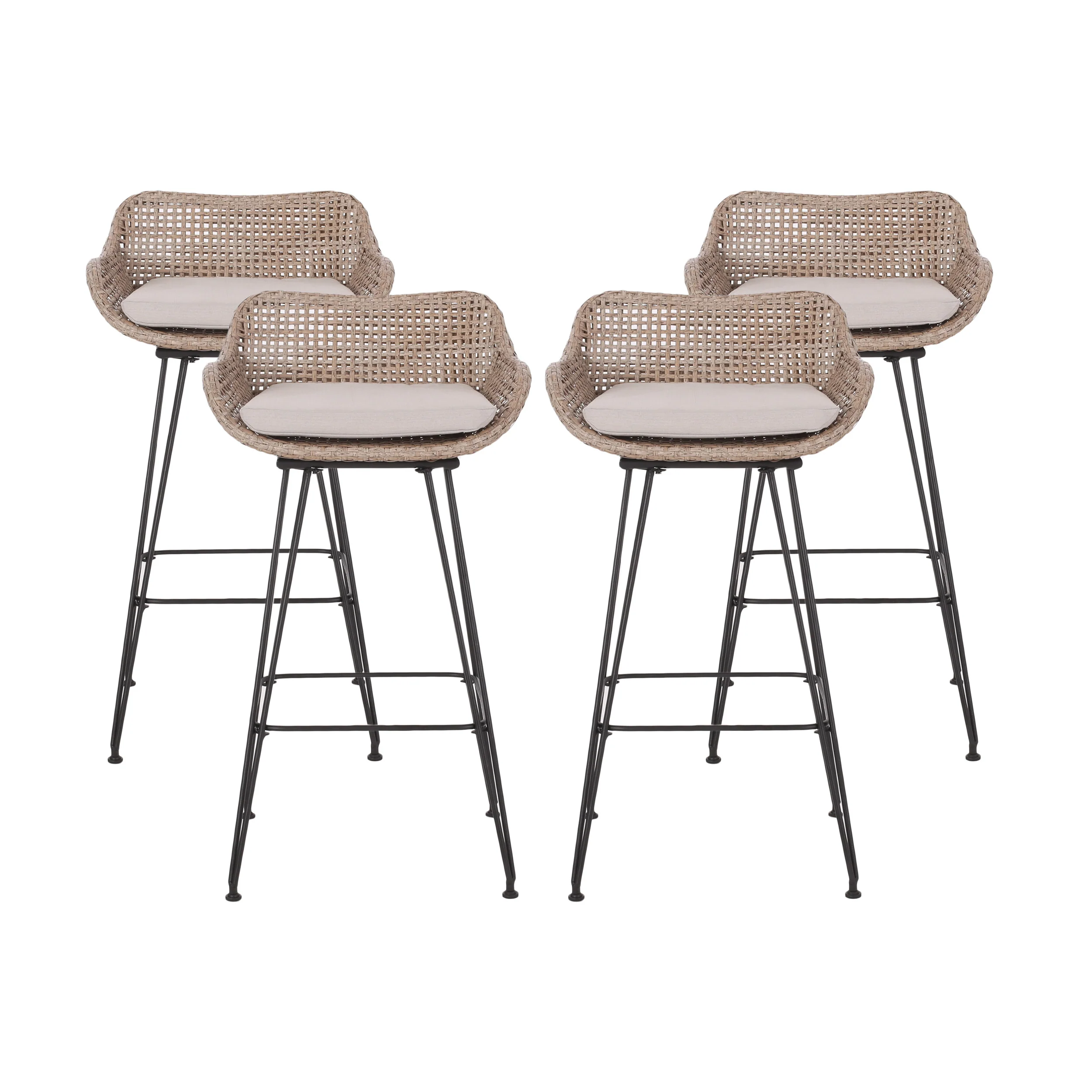 Pondway Outdoor Wicker and Iron Barstools with Cushion, Set of 4 - furnishings