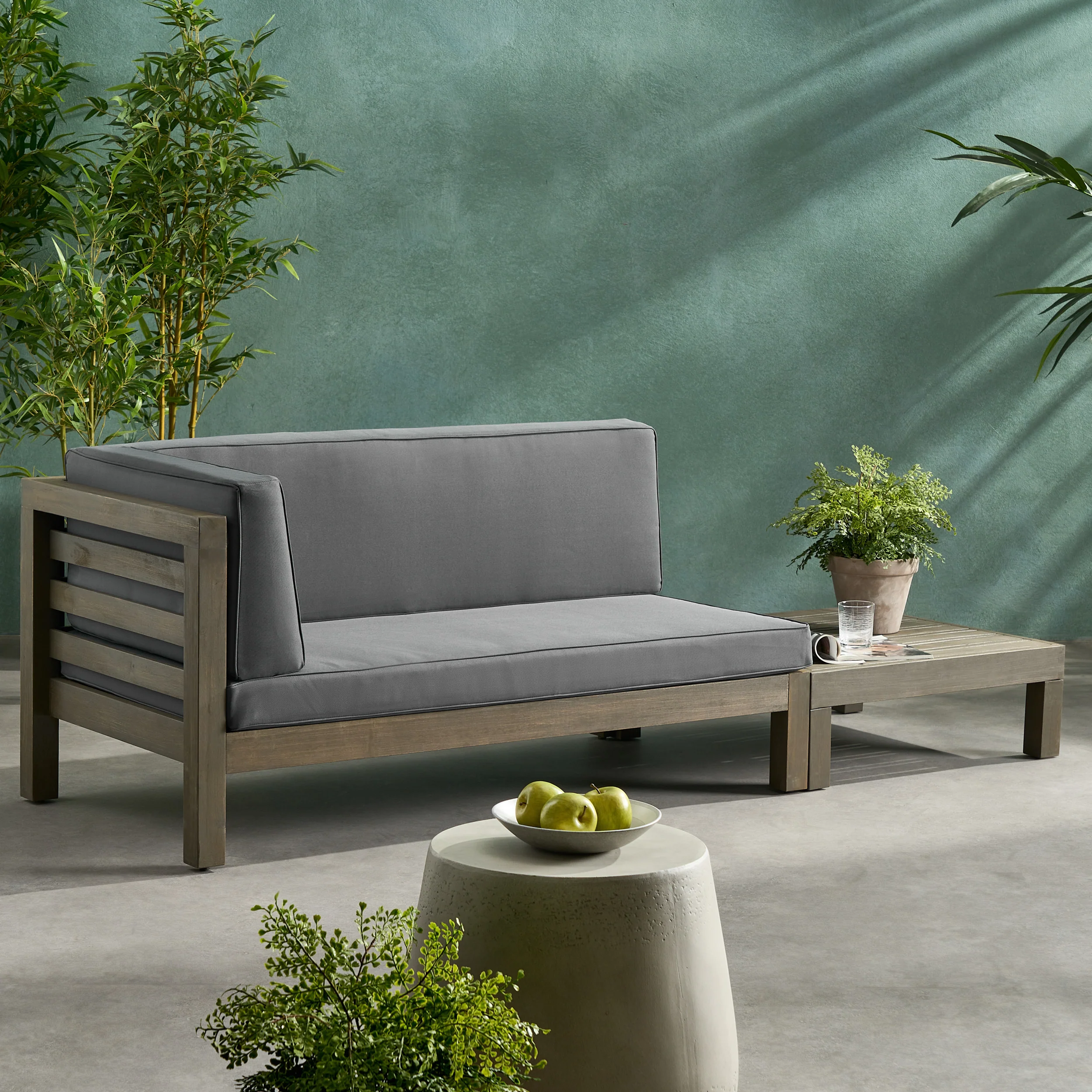 Cascada Outdoor Acacia Wood Left Arm Loveseat and Coffee Table Set with Cushion - furnishings
