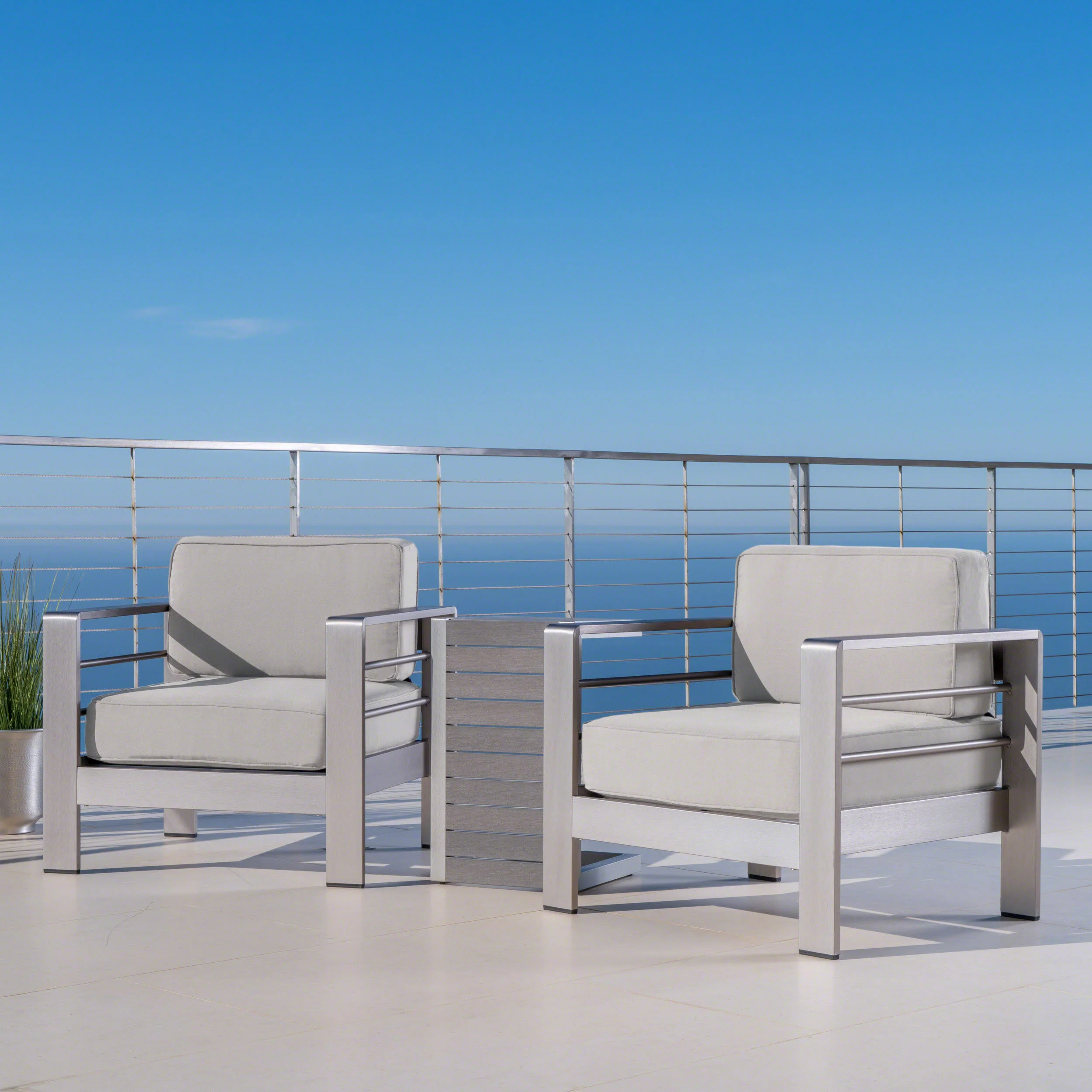Zona Outdoor Aluminum Club Chairs and Faux Wood Side Table Set with Cushions - furnishings