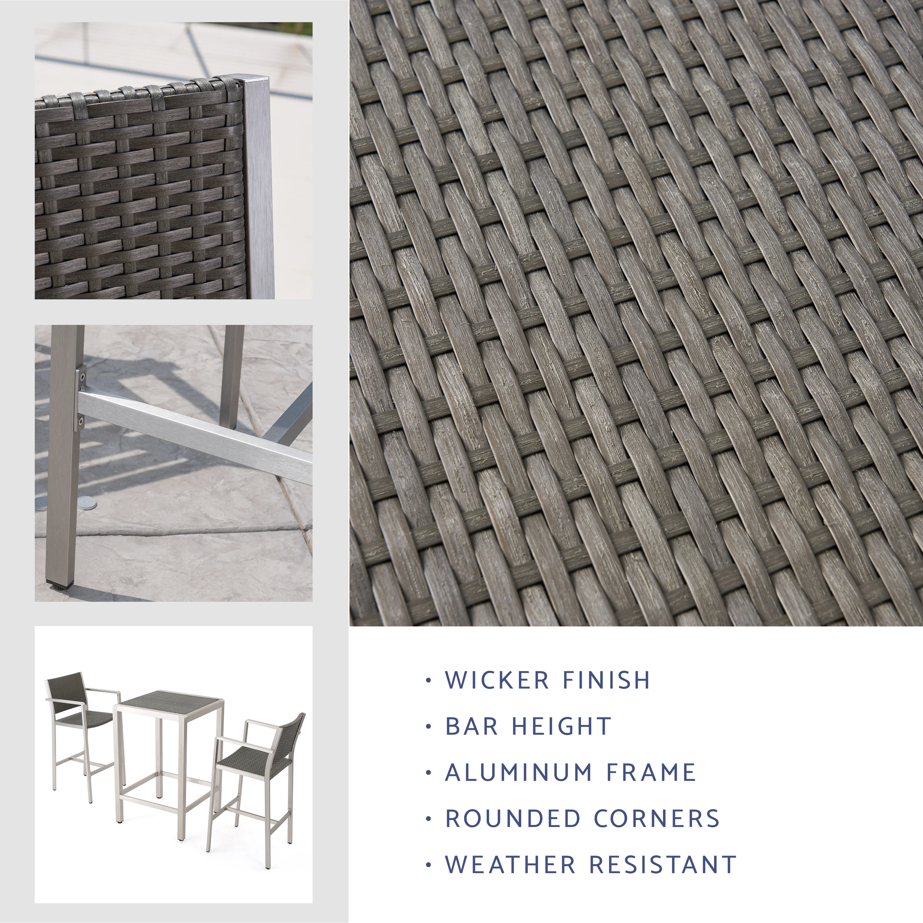 Capral Outdoor Modern 3-Piece Gray Wicker Bar Set with Aluminum Frame - furnishings