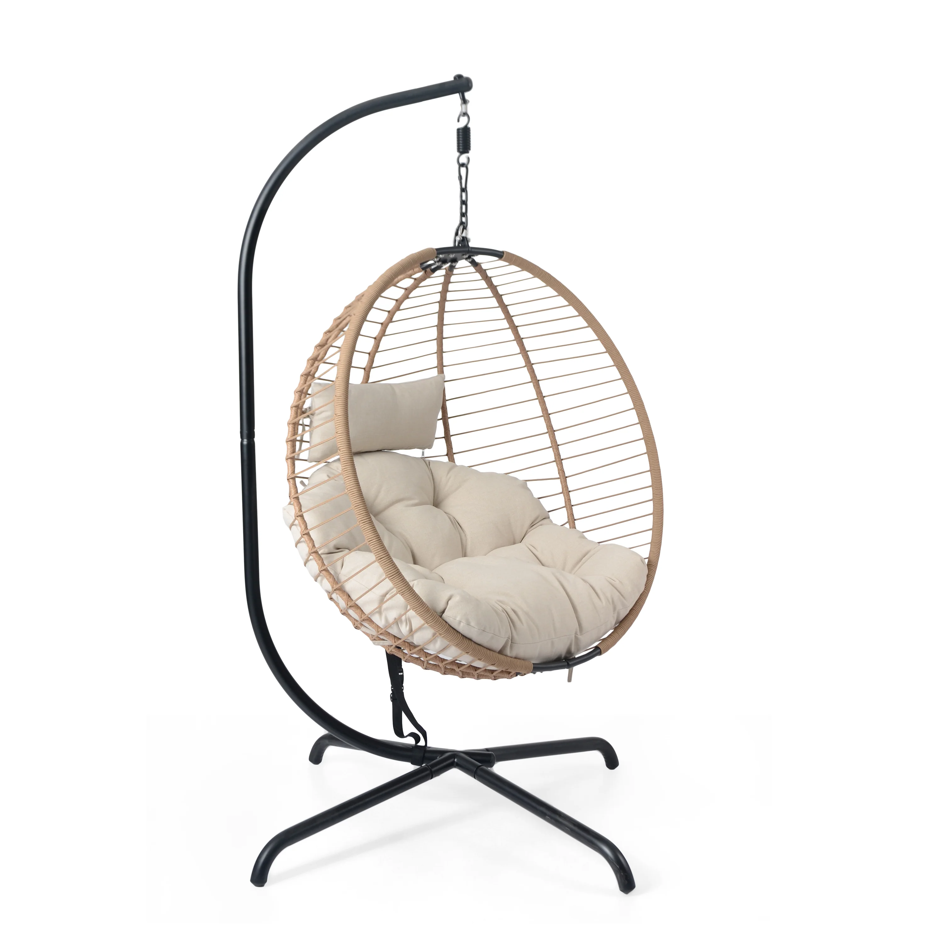 Luciane Outdoor Patio Hanging Basket Chair with Stand, Beige + Brown - furnishings