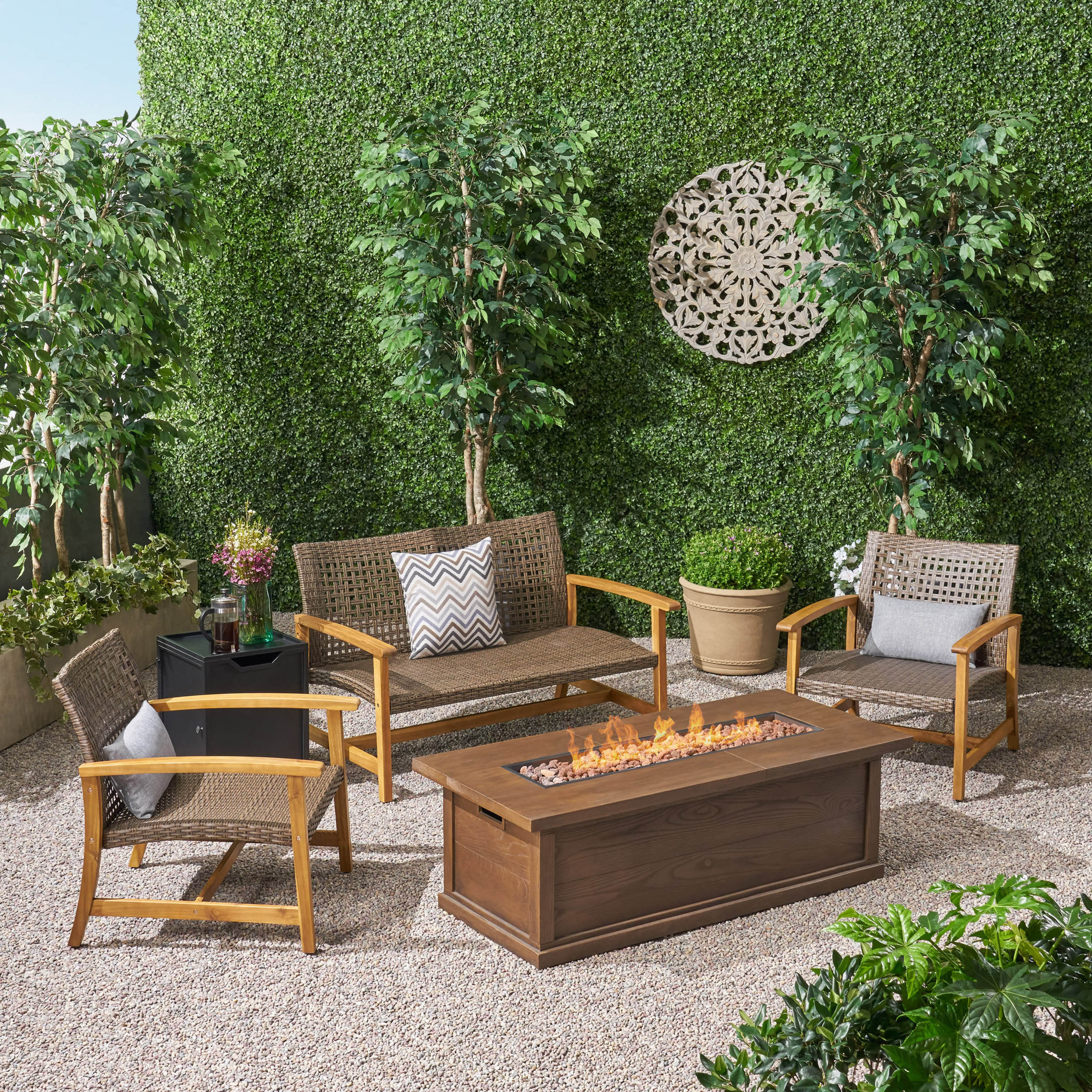 Rachel Outdoor 5 Piece Wood and Wicker Chat Set with Fire Pit - furnishings