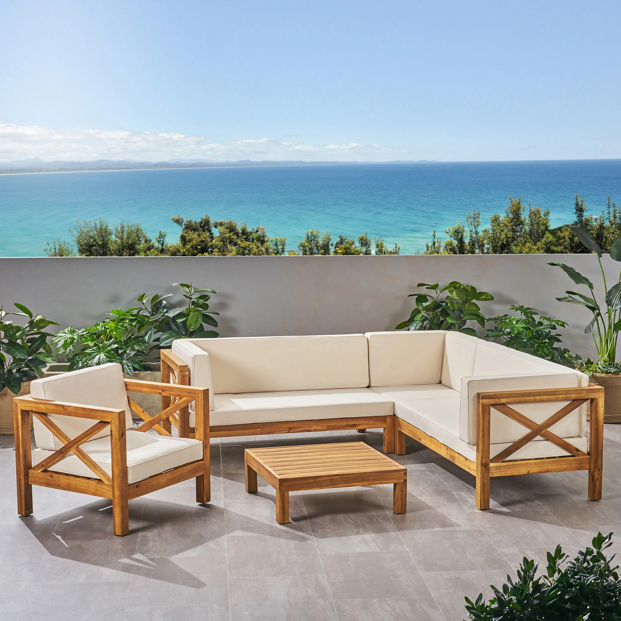 Morgan Outdoor 6 Seater Acacia Wood Sectional Sofa and Club Chair Set - furnishings