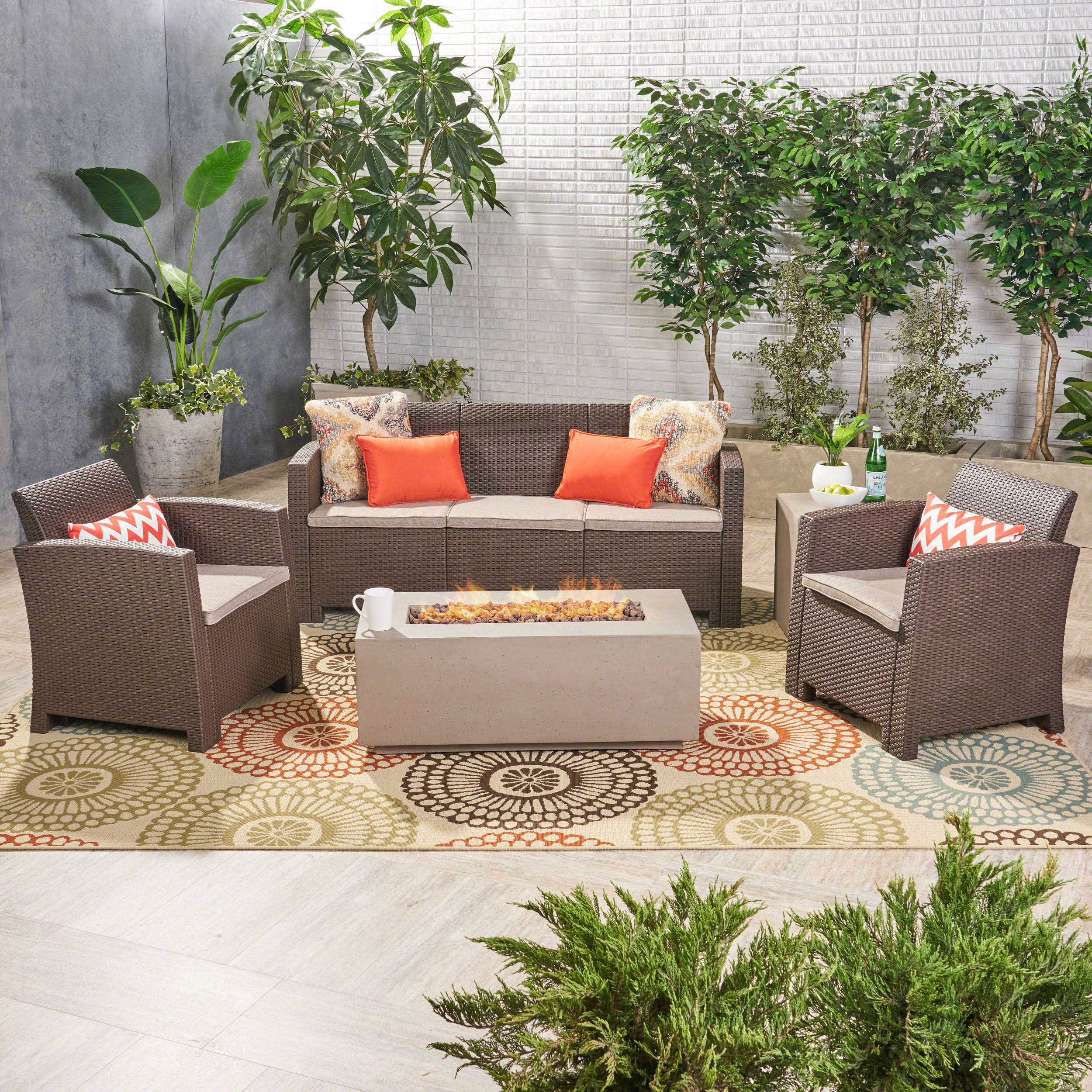 Clay Outdoor 5-Seater Wicker Print Chat Set with Fire Pit and Tank Holder - furnishings