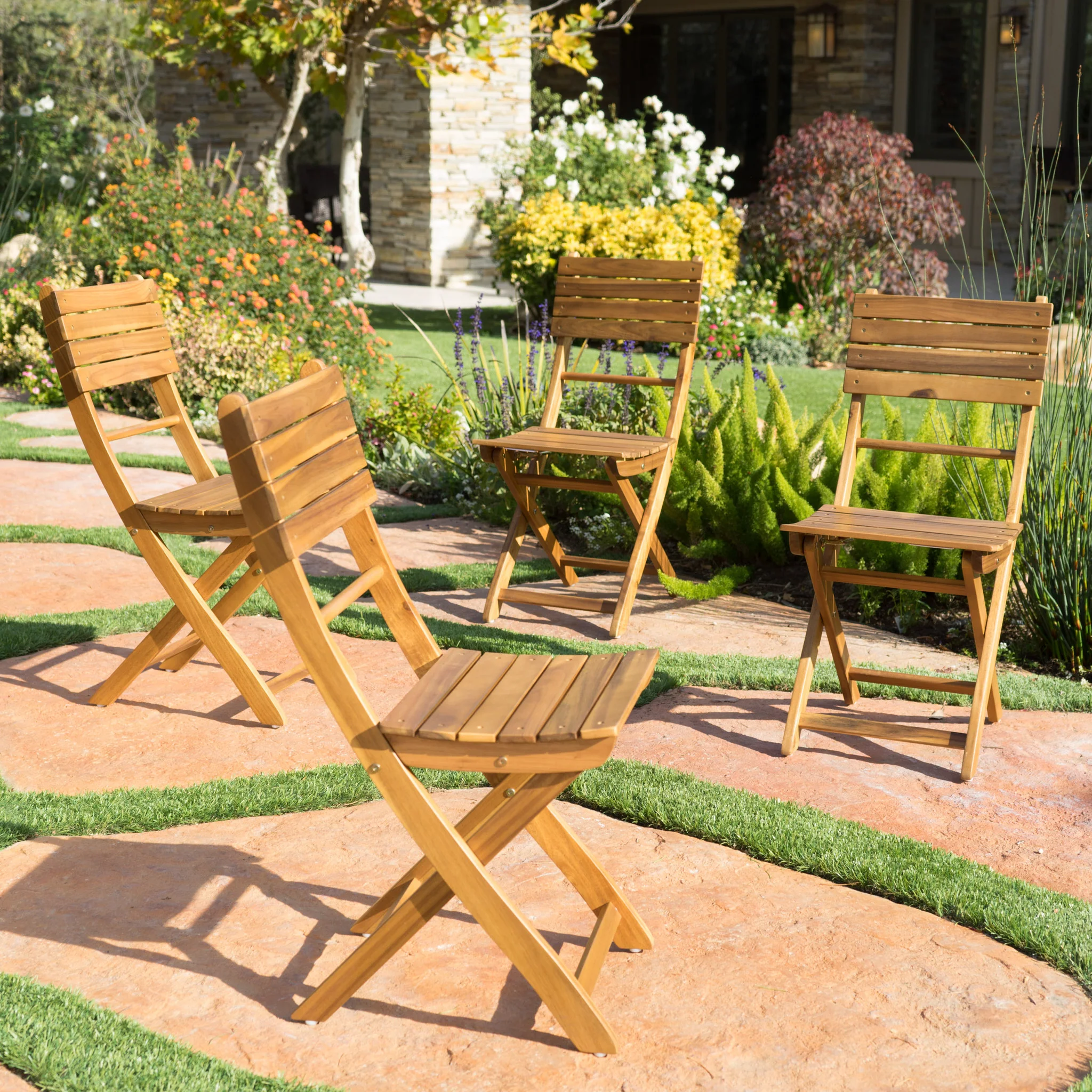 Vicaro Outdoor Natural Finish Acacia Wood Foldable Dining Chairs (Set of 4) - furnishings