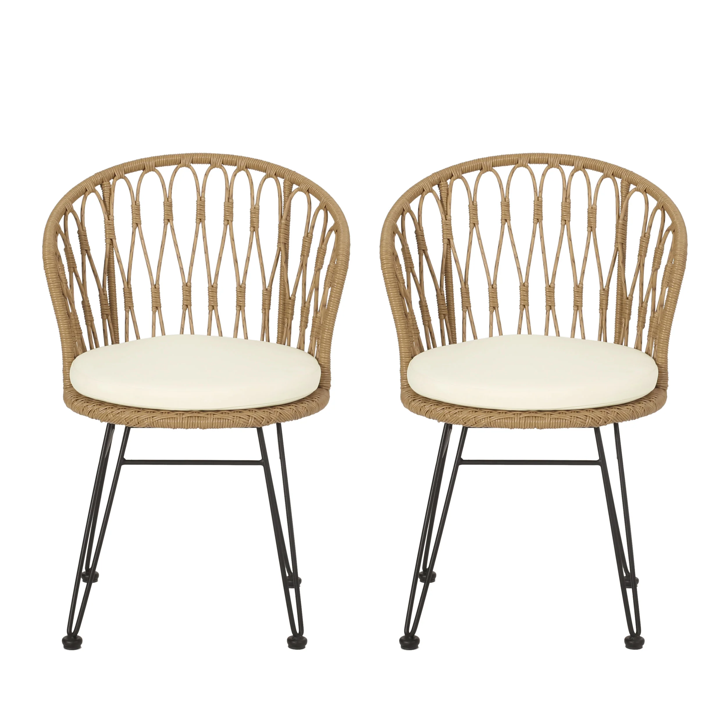 Cowen Outdoor Wicker Dining Chairs with Cushion, Set of 2, Light Brown, Black, and Beige - furnishings