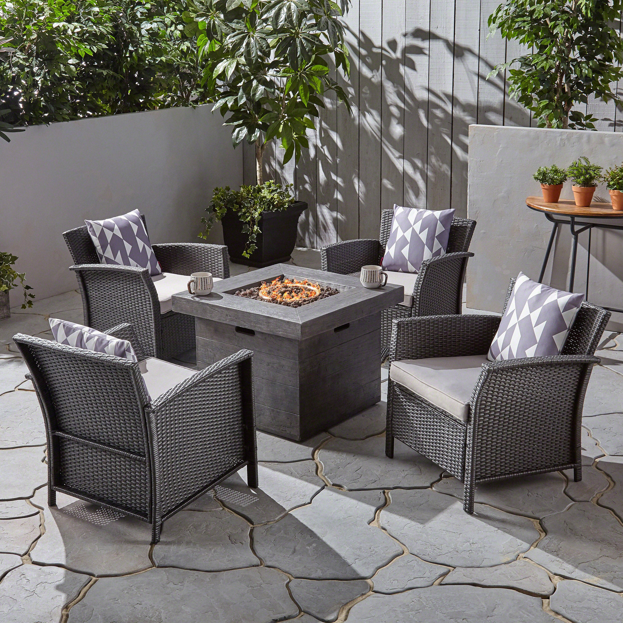 Laiah Outdoor 4 Piece Wicker Club Chair Chat Set with Wood Finished Fire Pit - furnishings