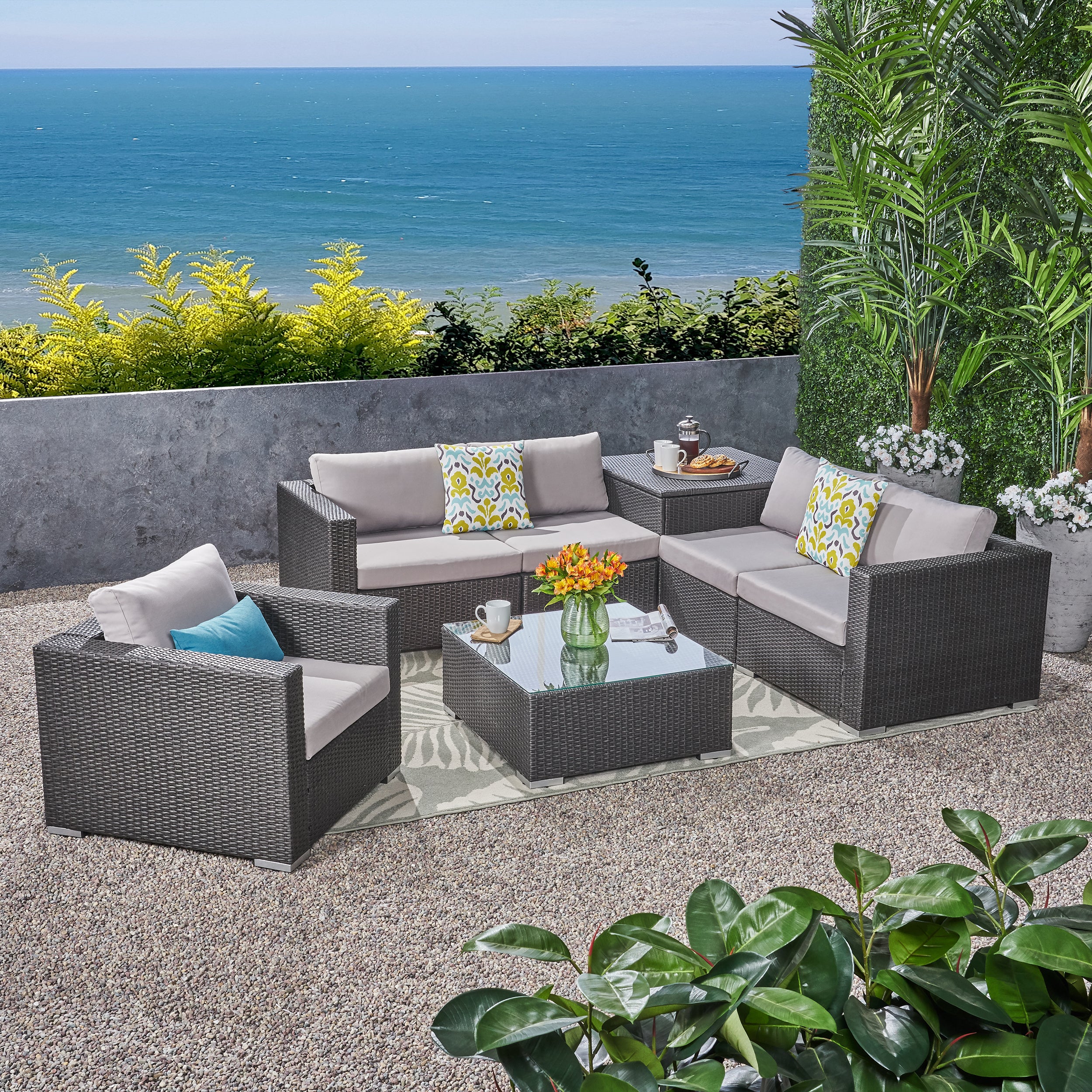 Valentina Outdoor 5-Seater Sectional Sofa Set with Club Chair and Storage Ottoman - furnishings