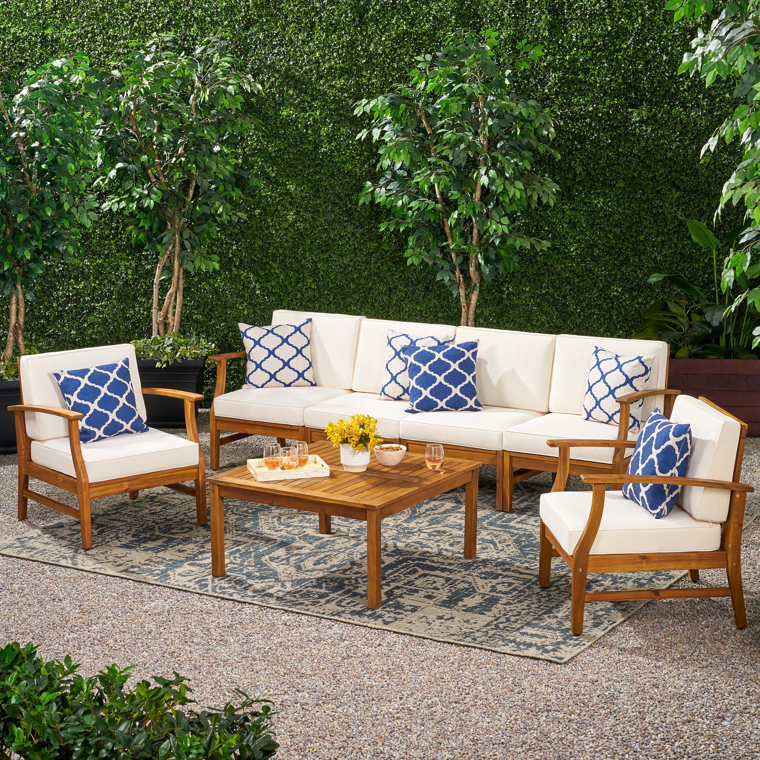 Scarlett Outdoor 6 Seat Teak Finished Acacia Wood Sofa and Table Set - furnishings