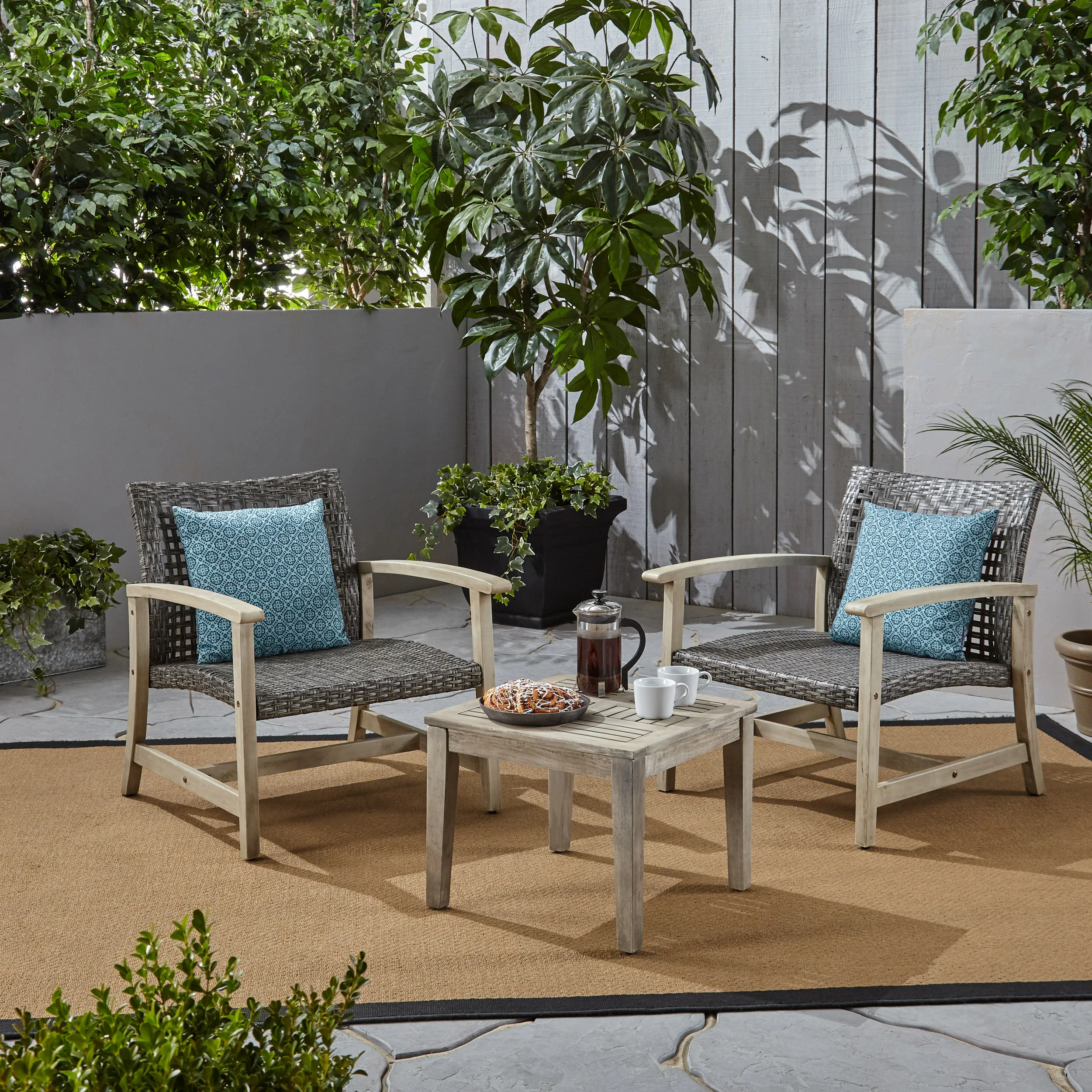 Alyssa Outdoor 3 Piece Wood and Wicker Club Chairs and Side Table Set - furnishings