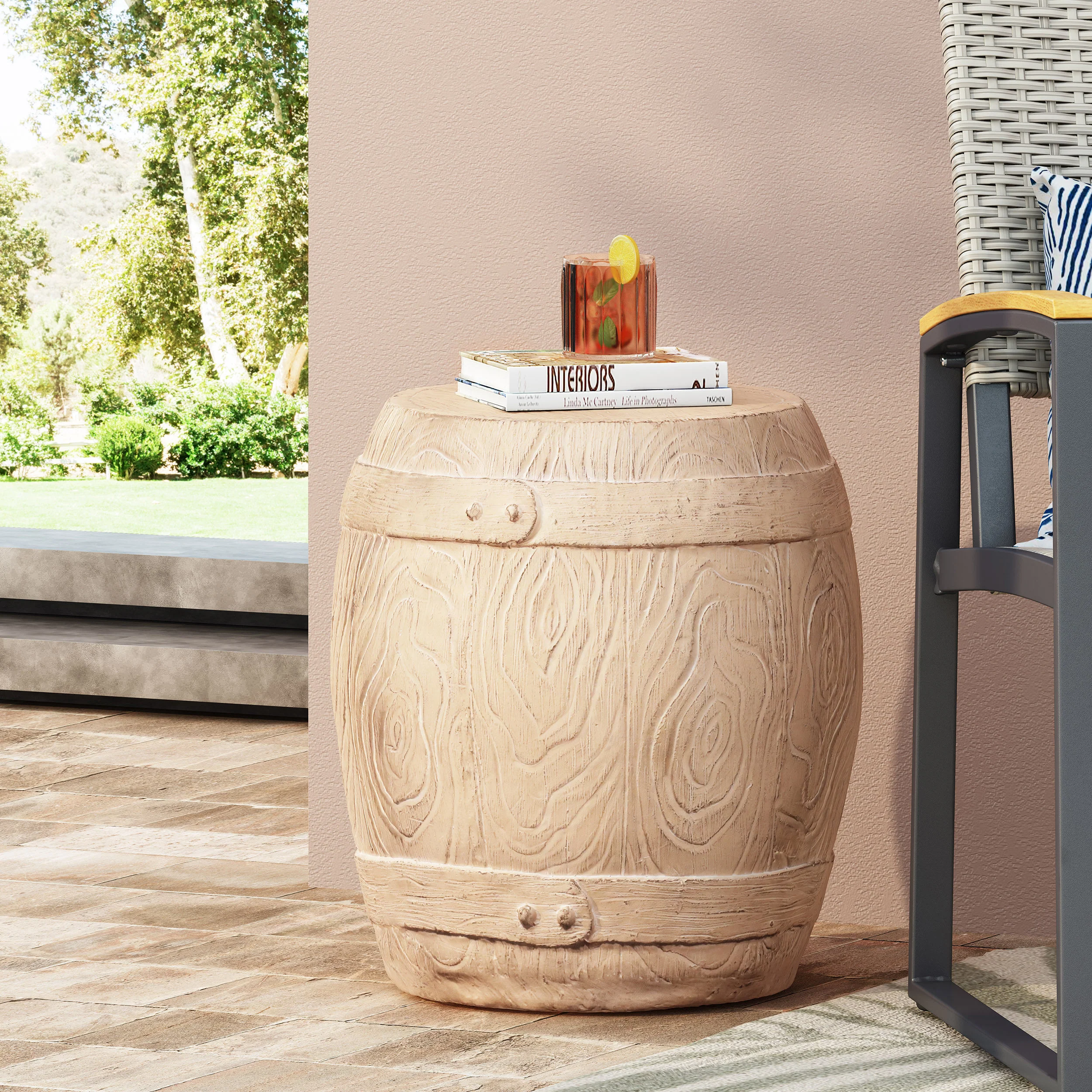 Durette Outdoor Lightweight Concrete Side Table, Natural Wood - furnishings