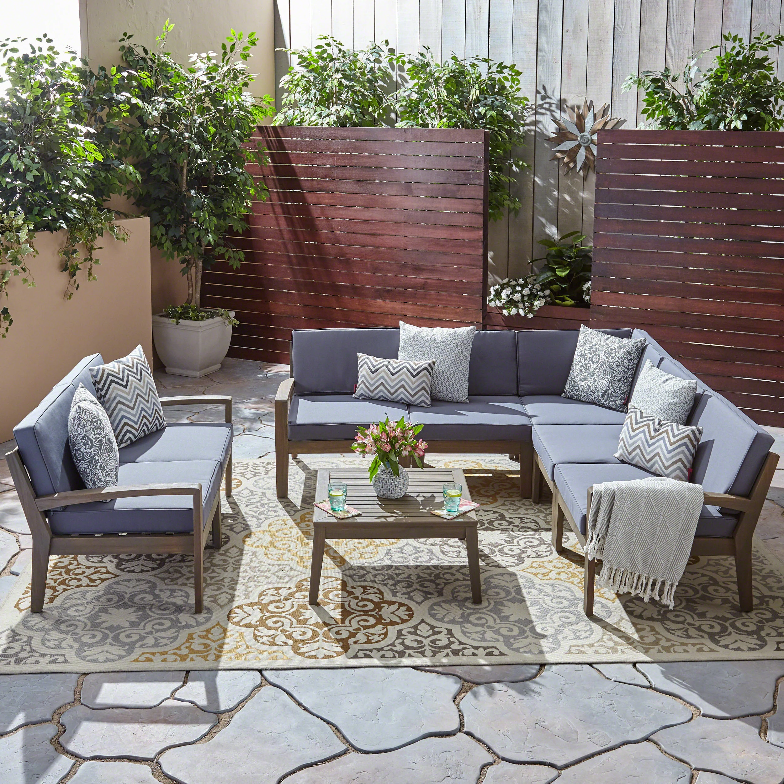 Giselle Outdoor Acacia Wood 7 Seater Sectional Sofa and Loveseat Set with Coffee Table - furnishings