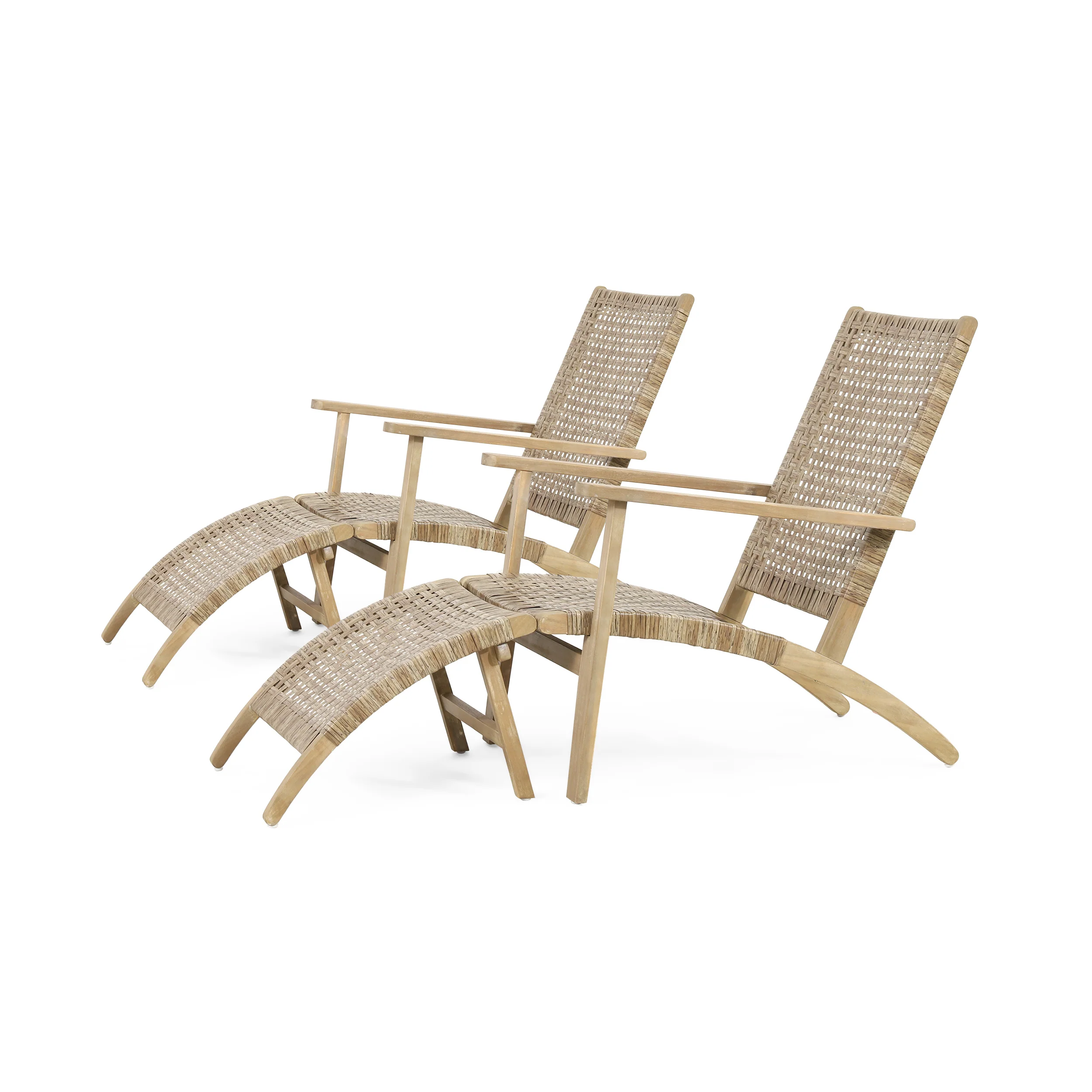Arlost Outdoor Wicker Lounge Chairs with Ottoman, Set of 2, Light Brown and Light Multibrown - furnishings