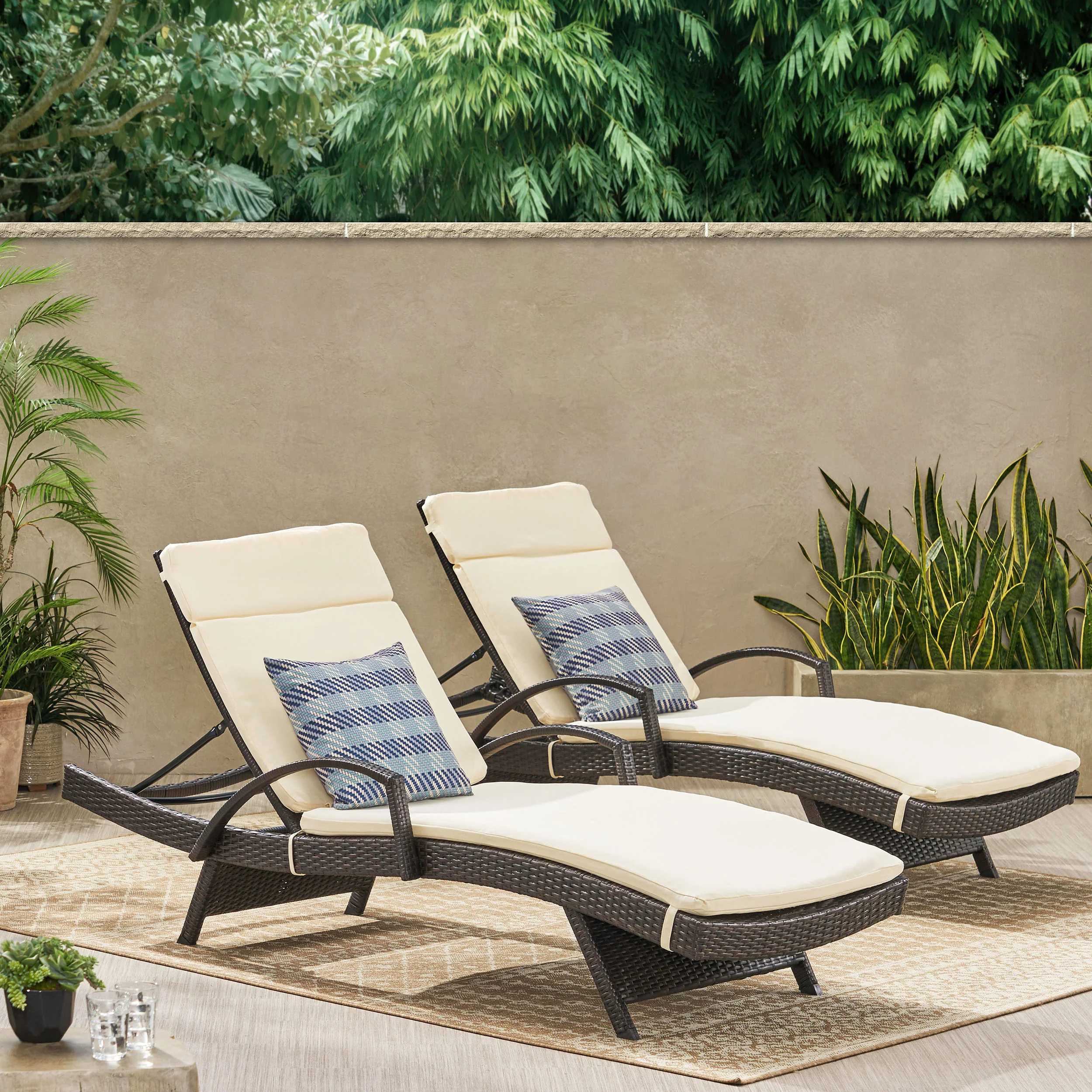 Lakeport Outdoor Wicker Armed Chaise Lounge Chairs w/ Cushions (set of 2) - furnishings