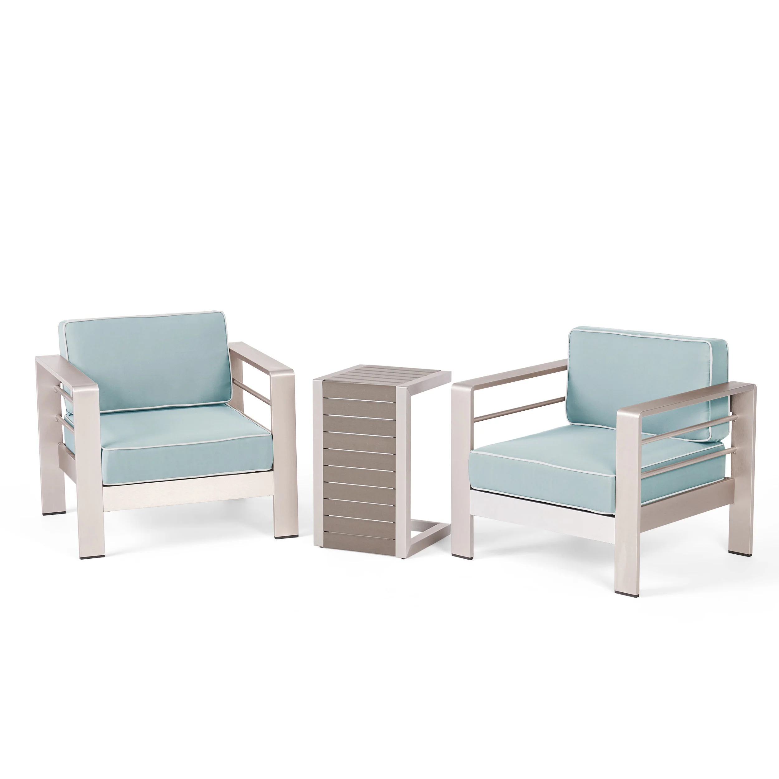 Crested Bay Outdoor 3 Piece Aluminum Framed Chat Set with Wicker C-Shaped Side Table - furnishings
