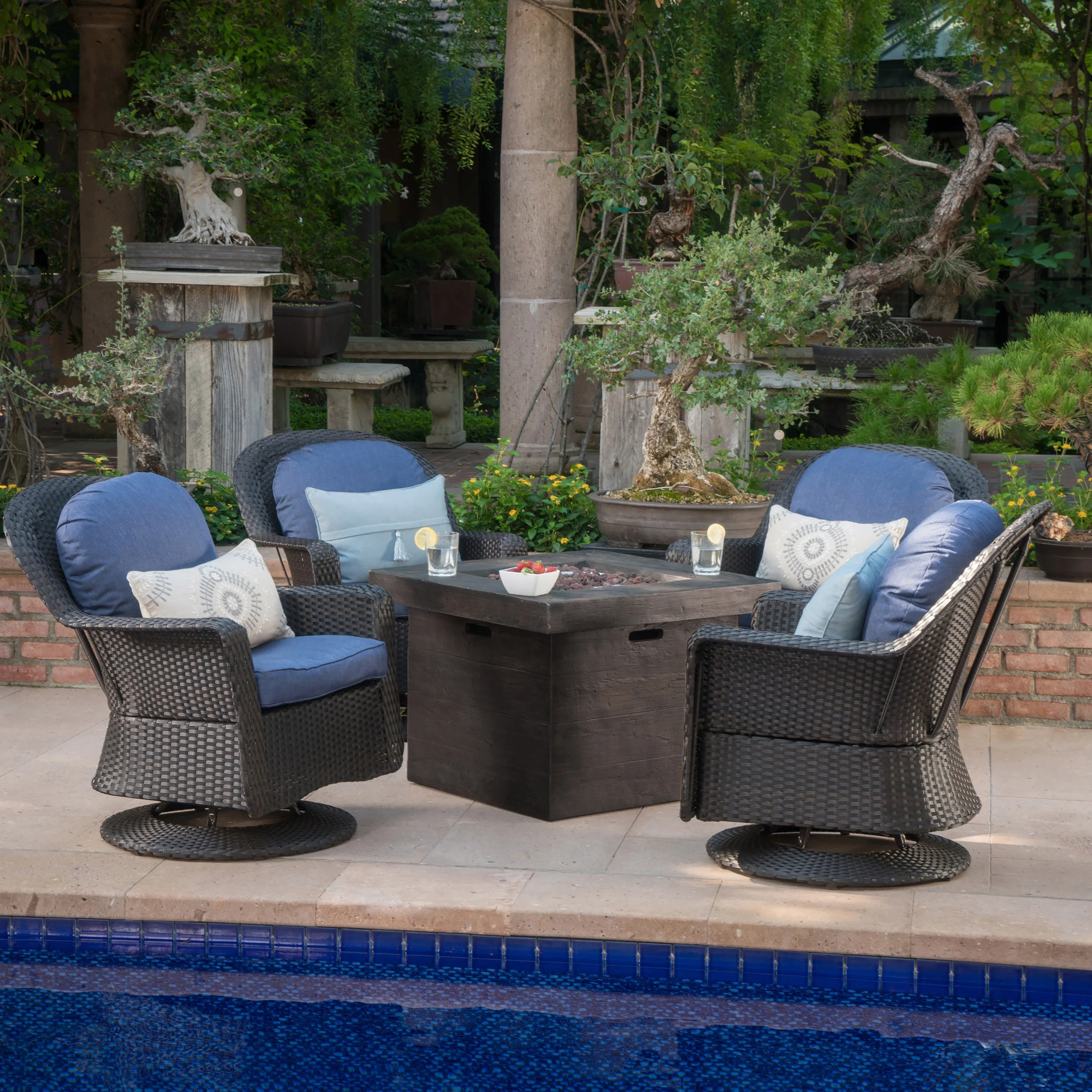 Colorado Outdoor 5 Piece Dark Brown Wicker Chair Fire Pit Chat Set - furnishings