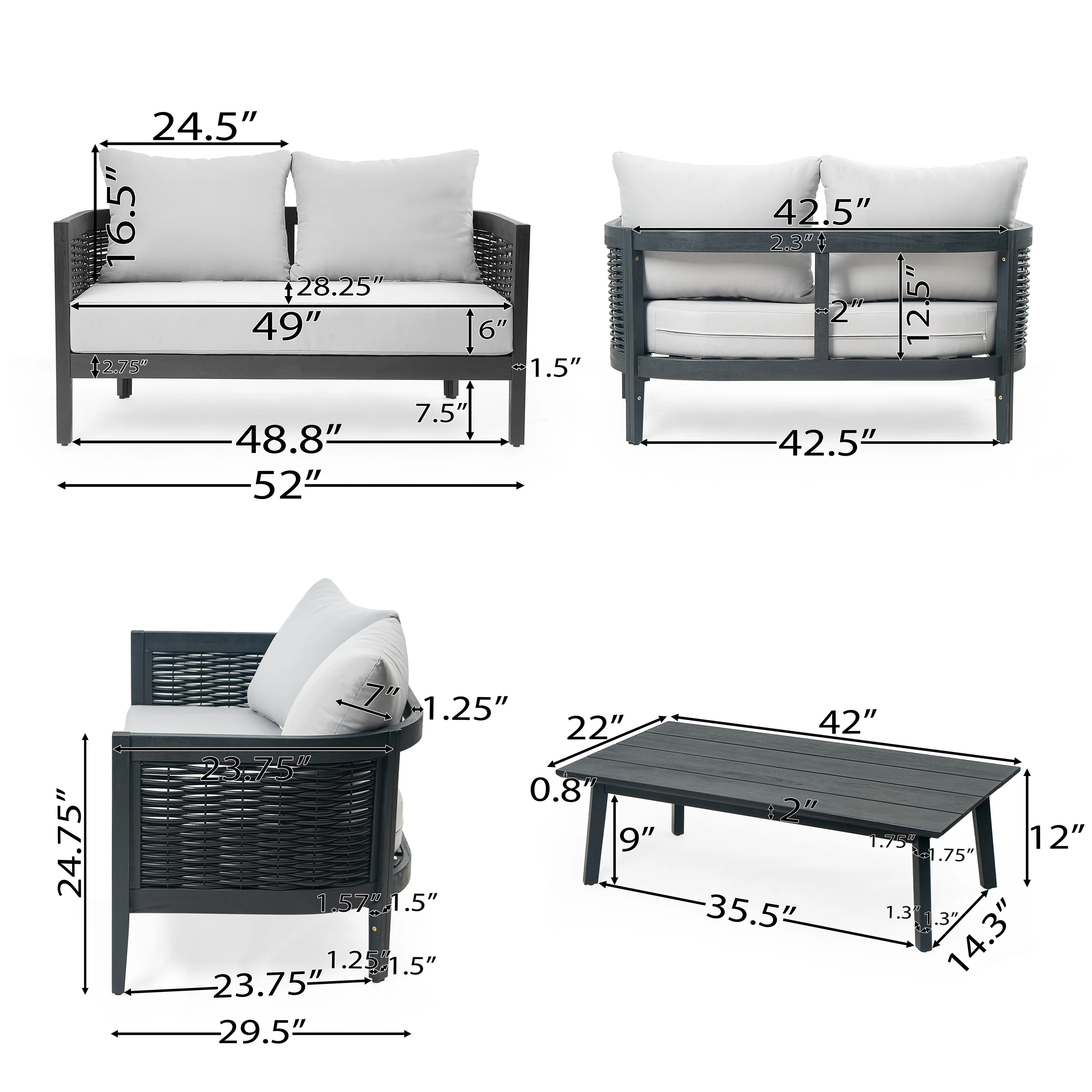 Ridgea Wood and Wicker Patio Conversation Set with Light Grey Cushions, Set of 2 - furnishings
