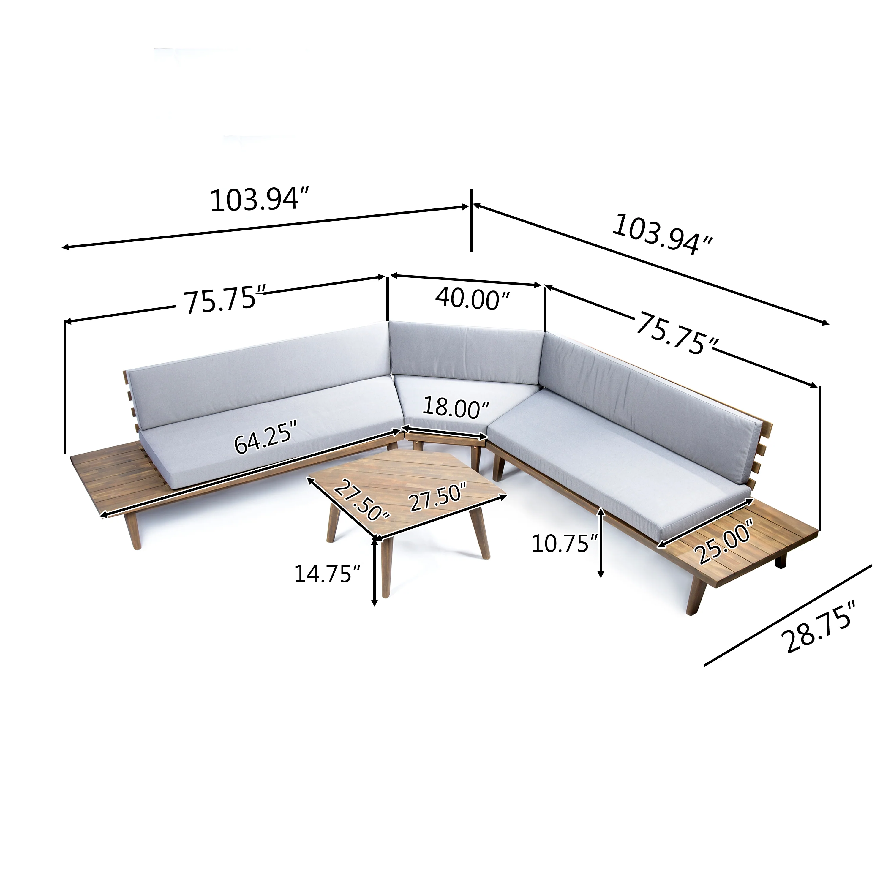 Hillside Mid Century Modern Outdoor Wood Platform Sectional With Built In End Tables & Coffee Table - furnishings