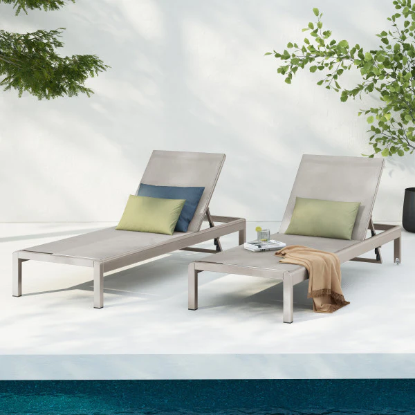 Holborn Outdoor Modern Gray Mesh Chaise Lounge with Wheels (Set of 2) - furnishings