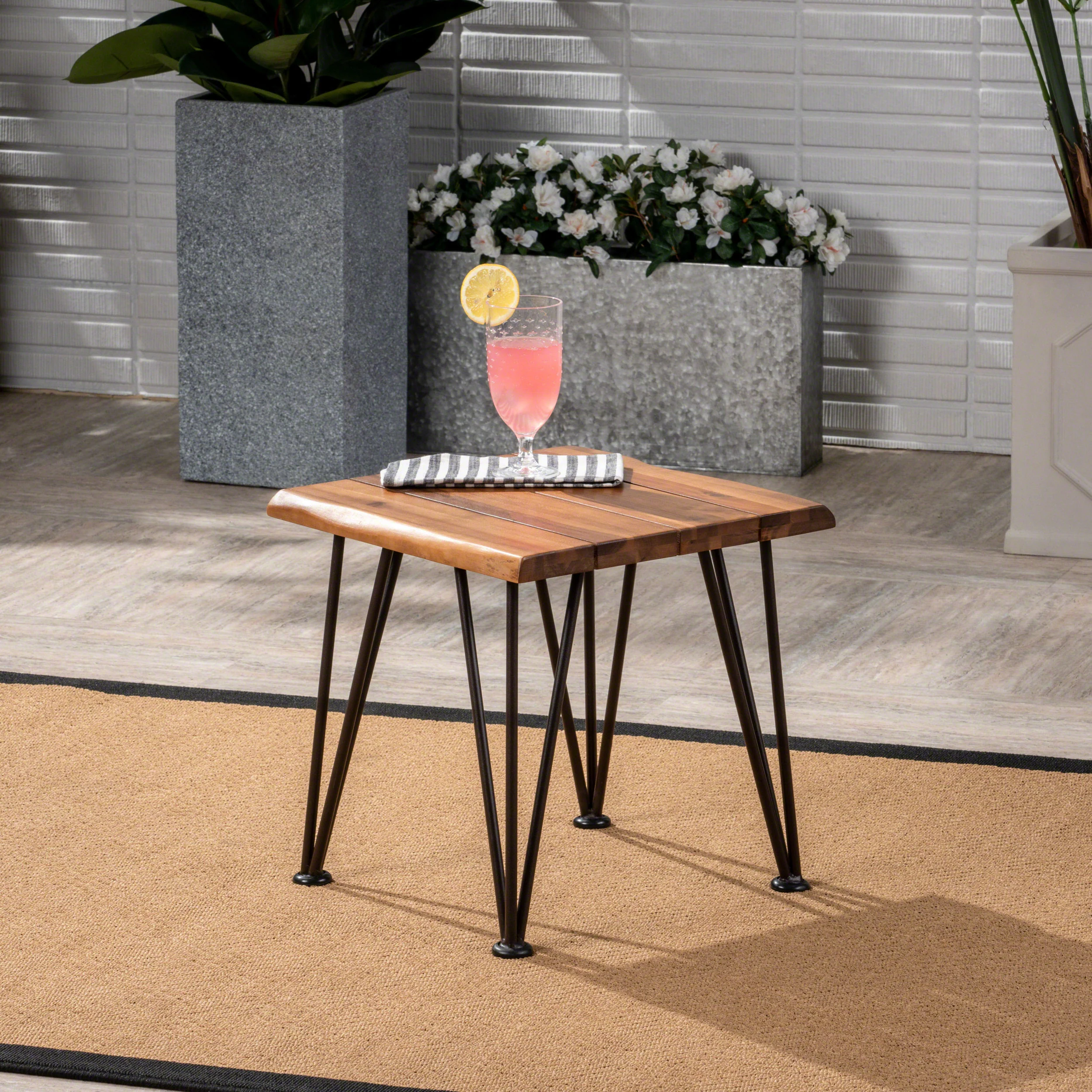 Avy Outdoor Rustic Industrial Acacia Wood Accent Table with Metal Hairpin Legs, Teak - furnishings