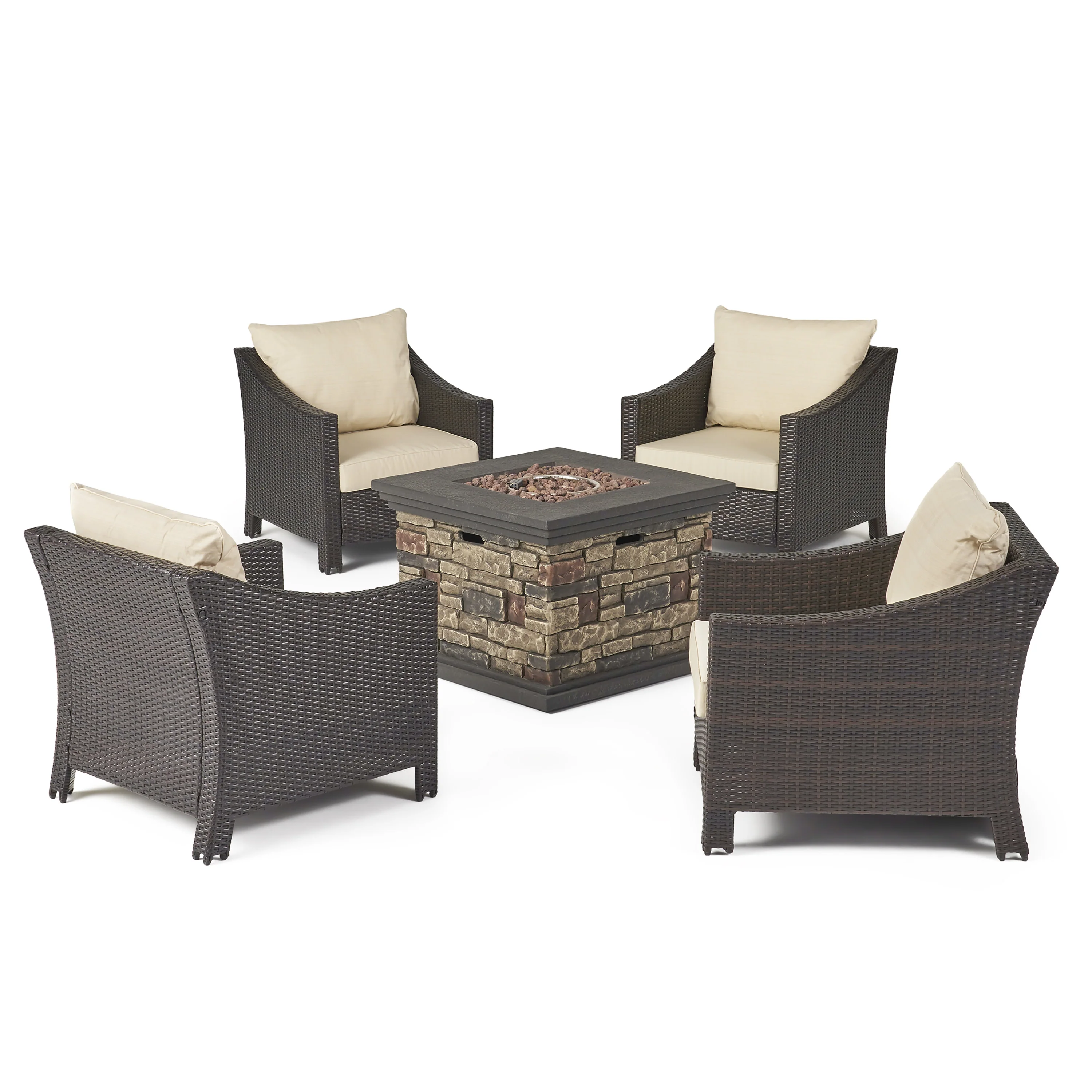 Vincent Outdoor Wicker 5 Piece Club Chair and Fire Pit Set with Cushions - furnishings