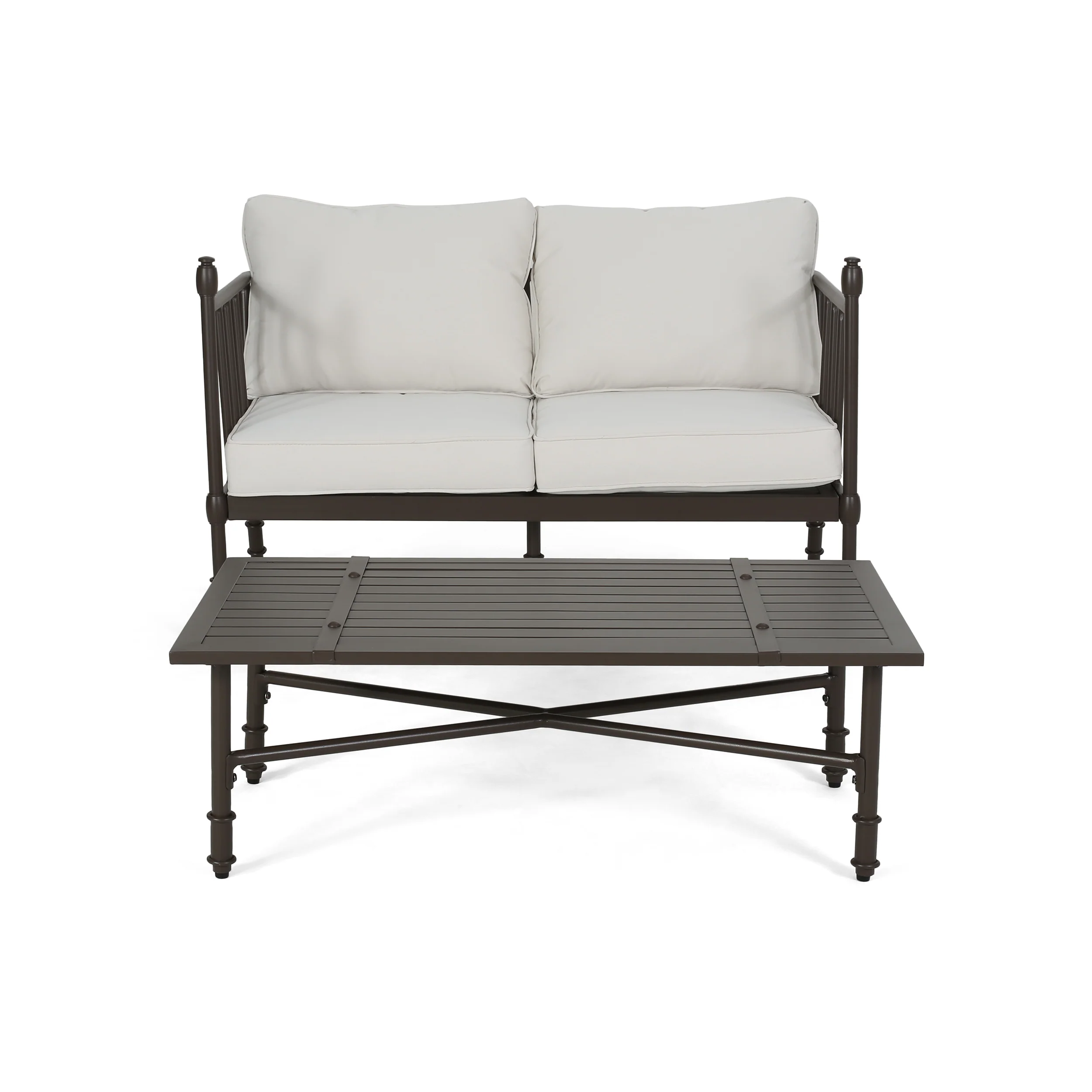 Francis Outdoor Aluminum Loveseat and Coffee Table with Cushions - furnishings