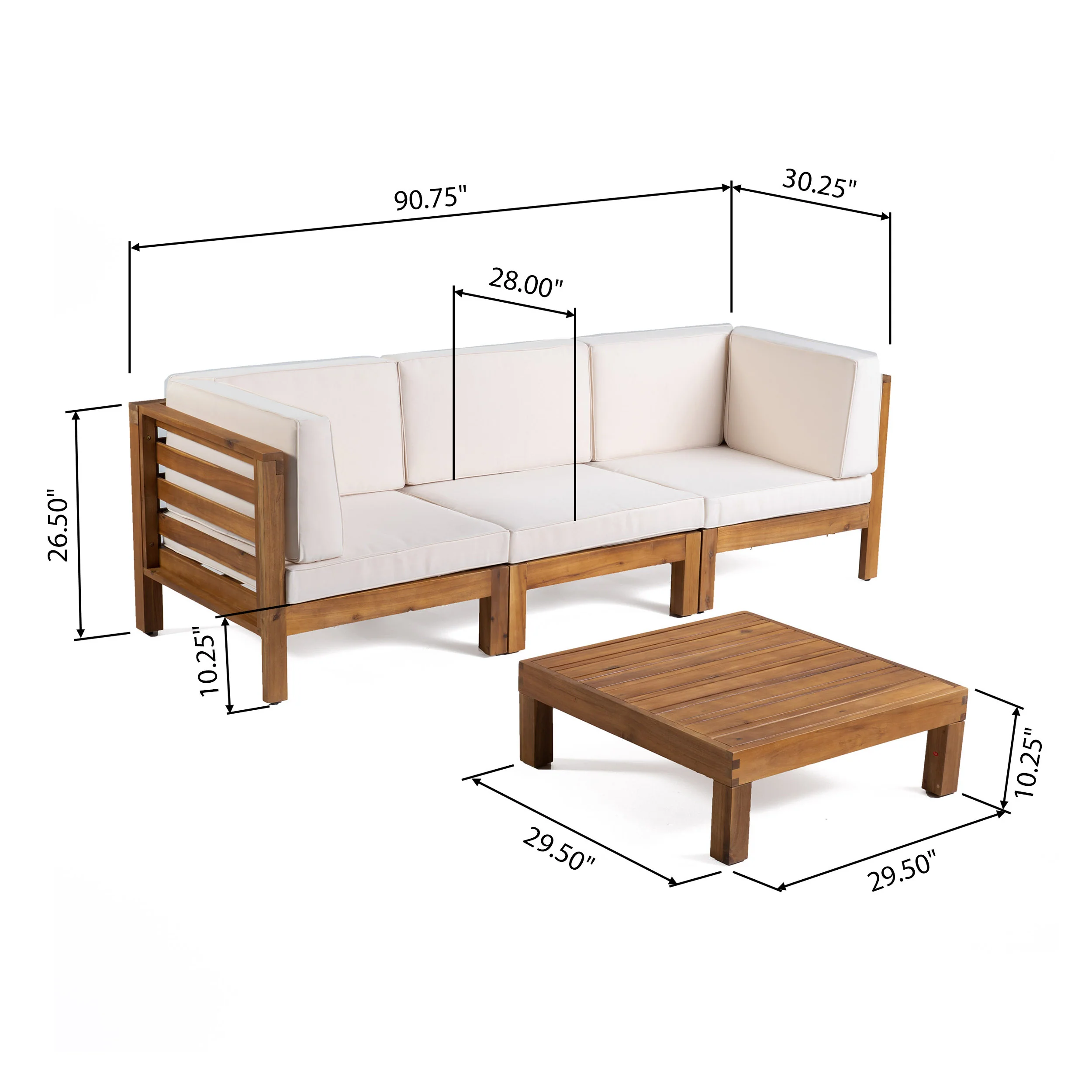 Dawson Outdoor Sectional Sofa Set with Coffee Table - 4-Piece 3-Seater - Acacia Wood - Outdoor Cushions - furnishings