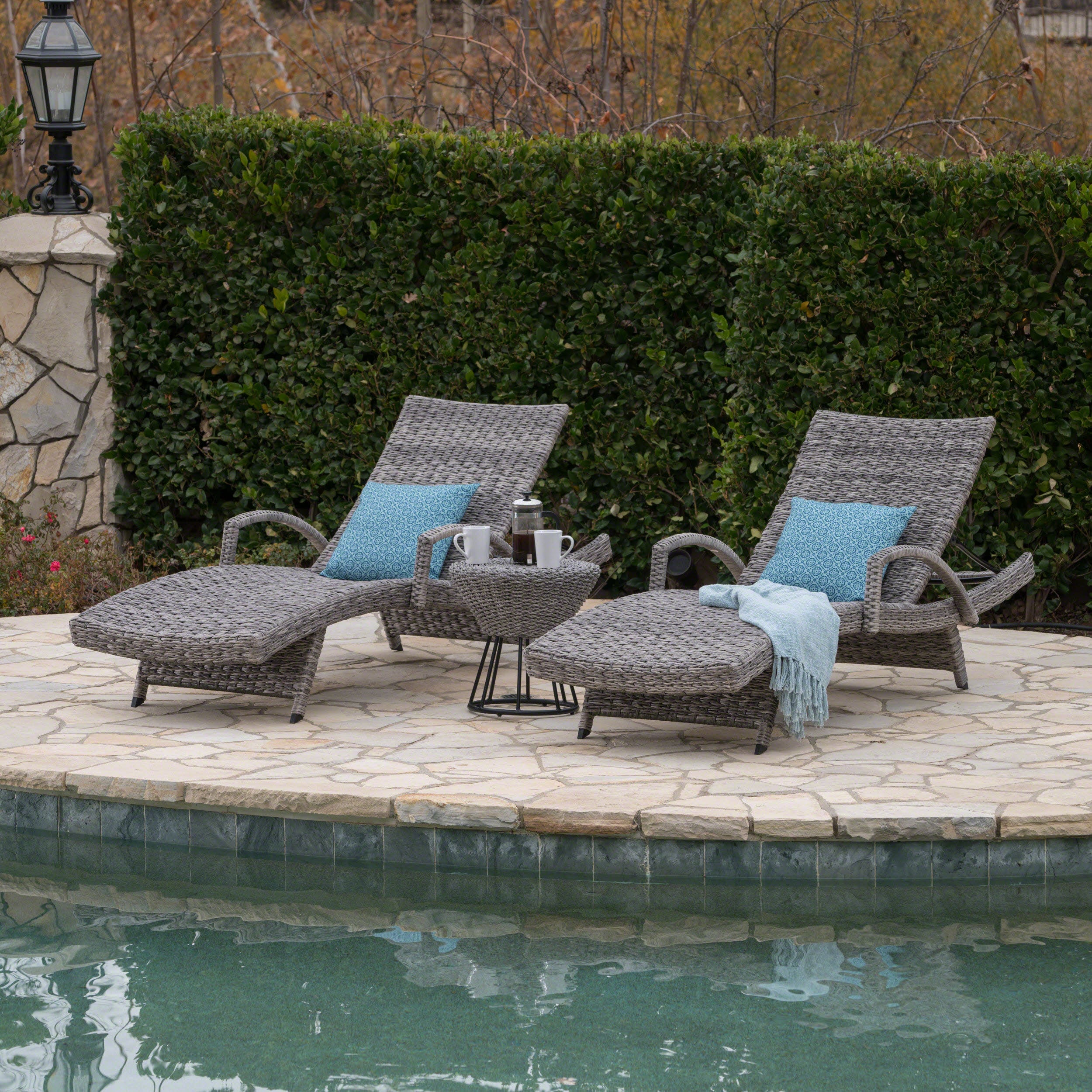 Keira Outdoor 3 Piece Gray Wicker Armed Chaise Lounges with Side Table - furnishings