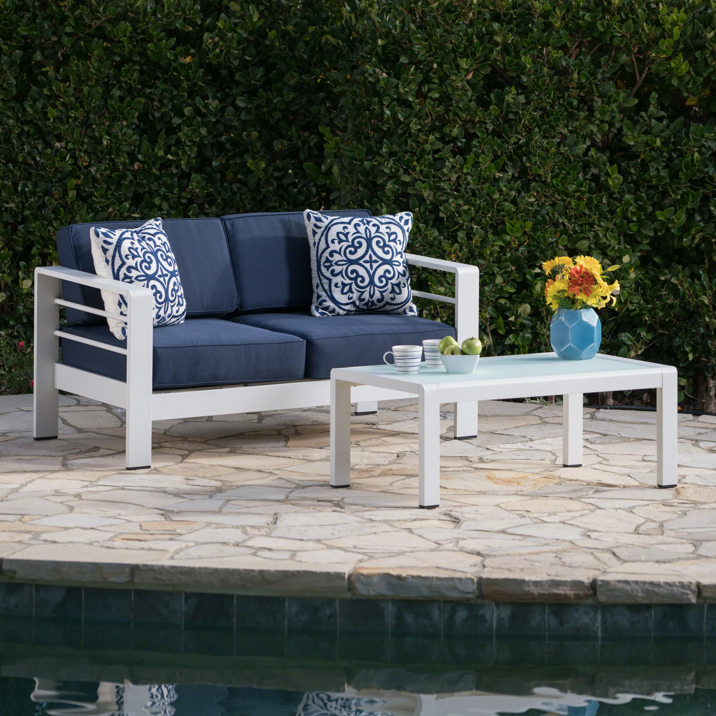 Crested Bay Outdoor Aluminum Loveseat and Coffee Table Set - furnishings